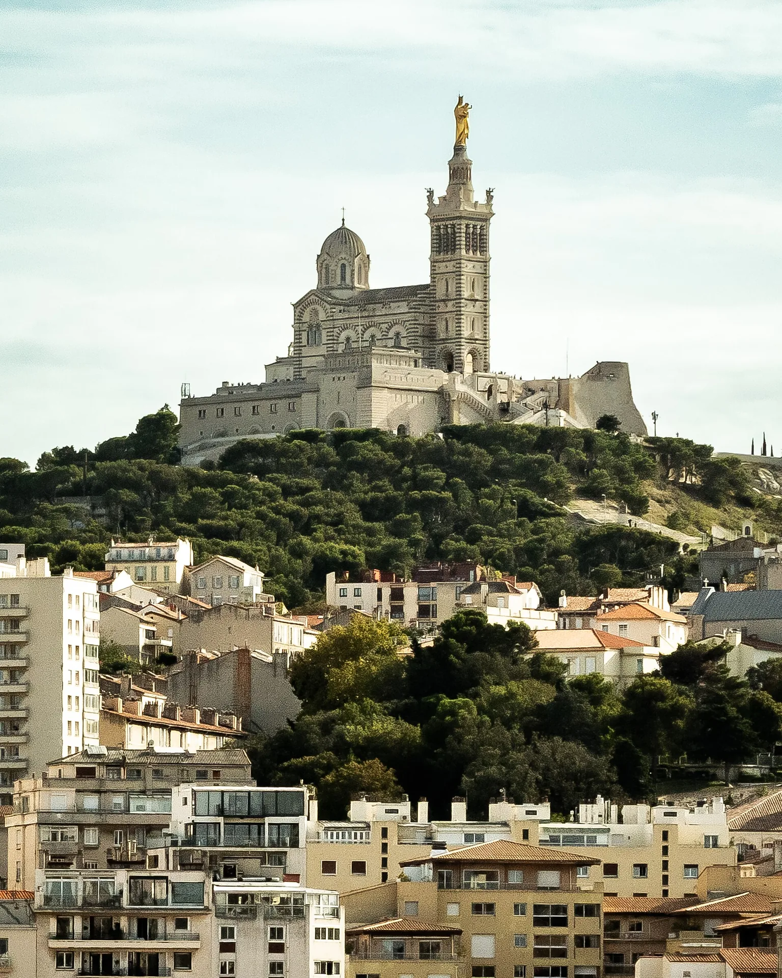 Notre-Dame de la Garde basilica in Marseille, seen across the Old Port