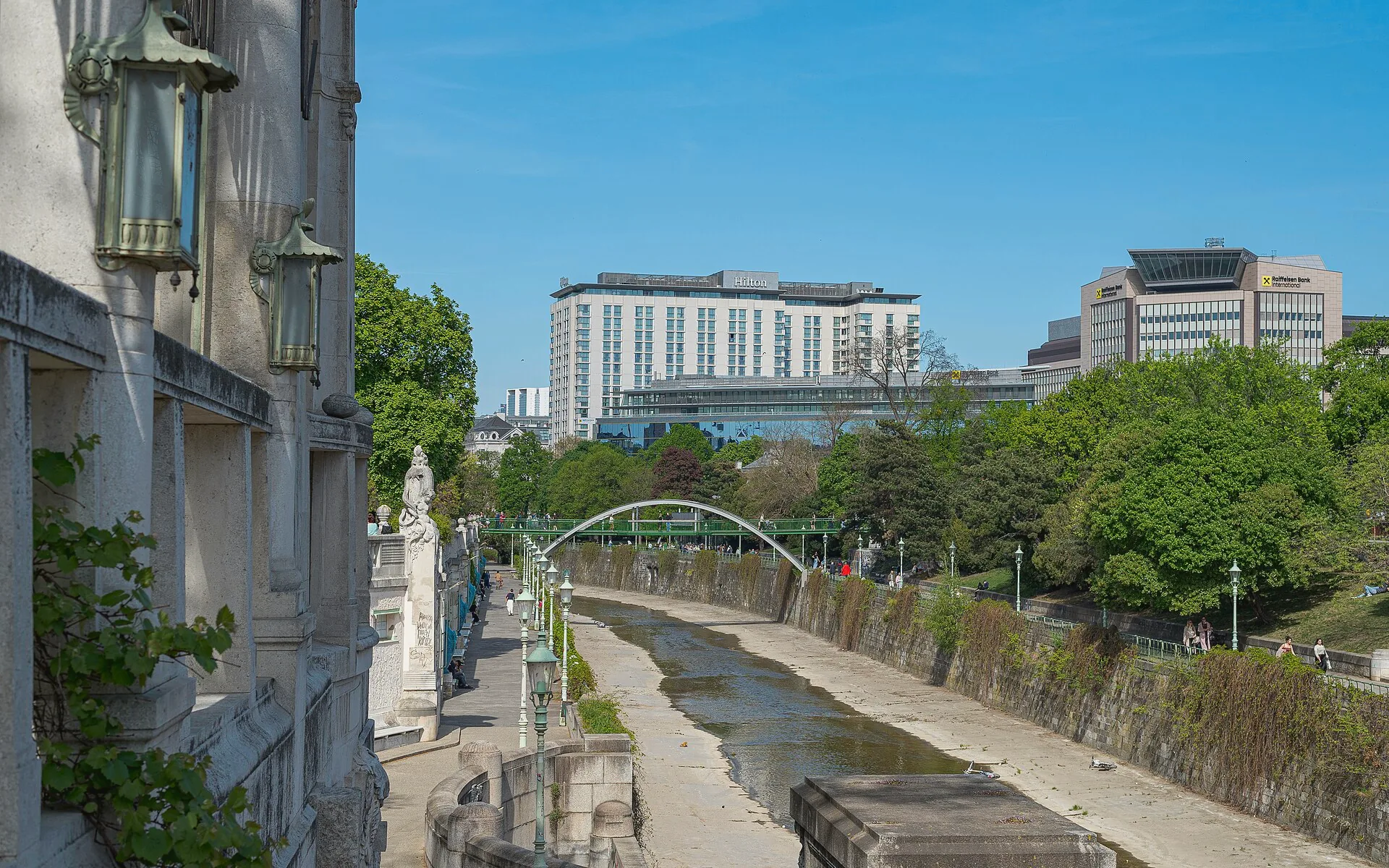 The Stadtparksteg crossing the Wien River in Vienna’s Stadtpark, with the Hilton Hotel beyond.