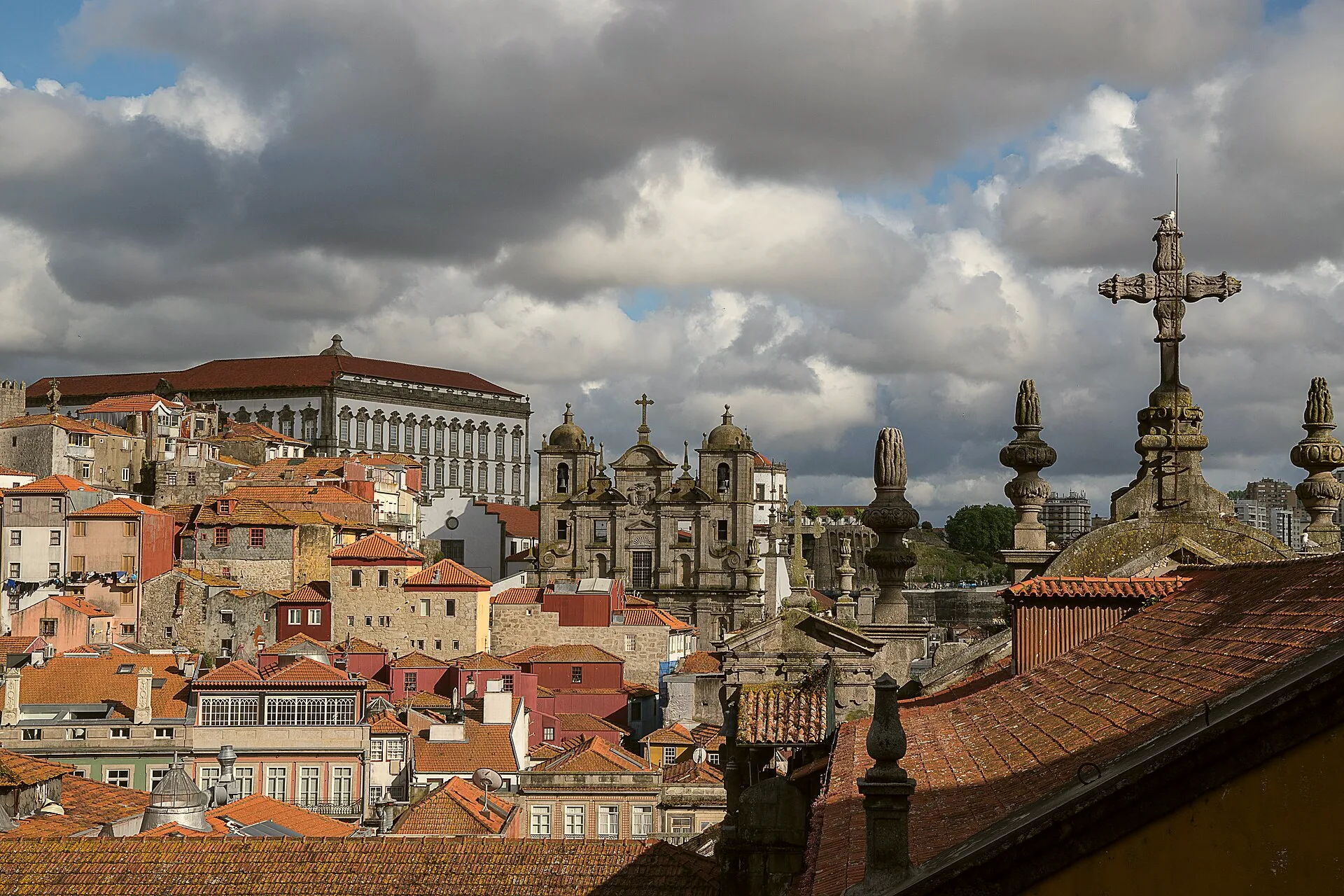 Rooftop view across Porto’s historic centre, with tightly packed buildings and church towers.