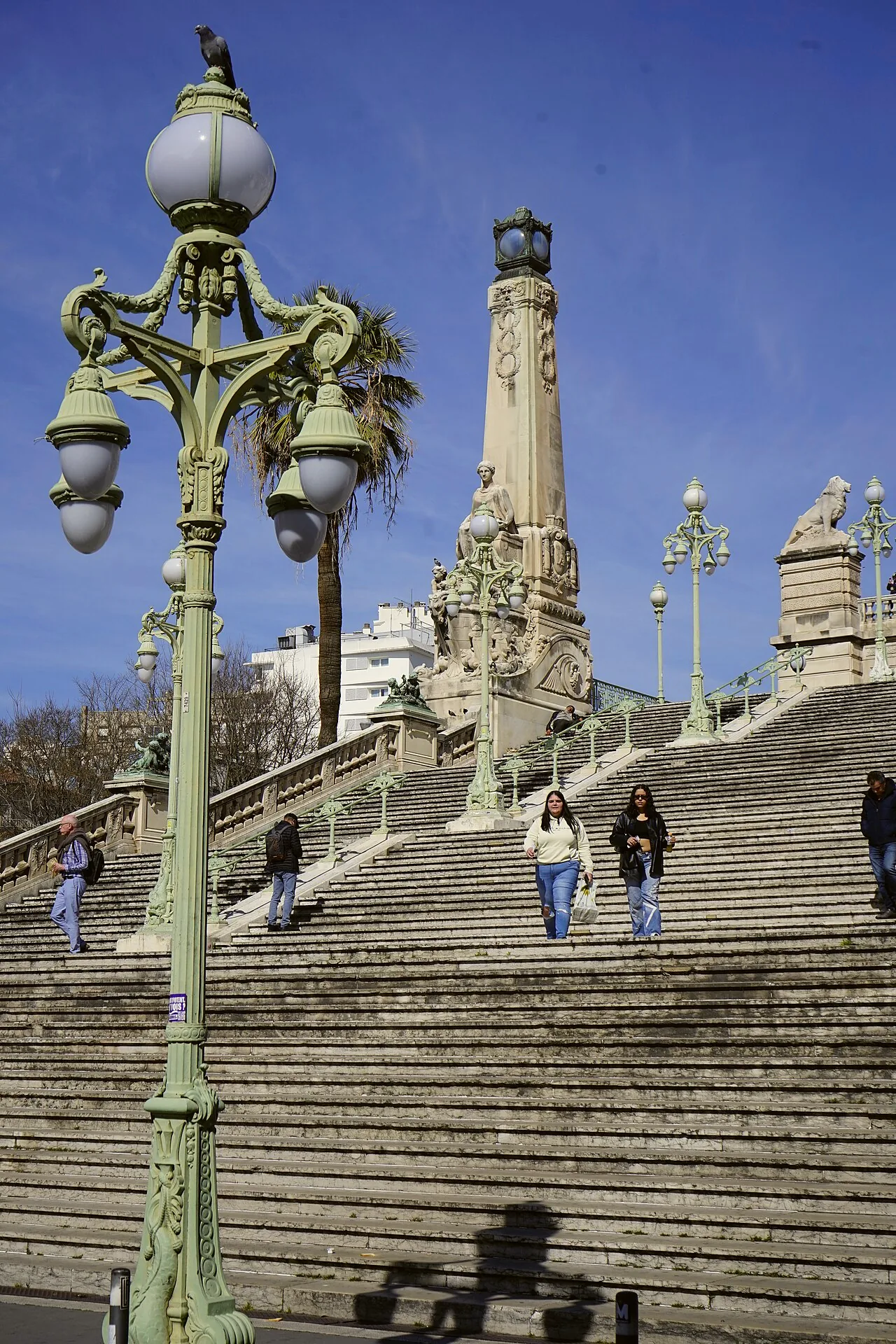 The monumental staircase at Marseille-Saint-Charles railway station, seen with its sculptural decorations.