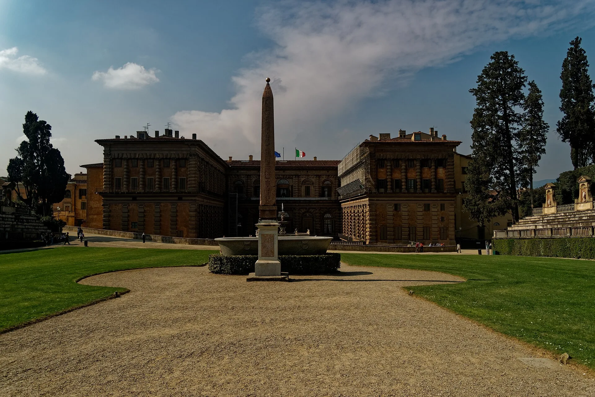 The Egyptian obelisk and Palazzo Pitti in the Boboli Gardens, Florence