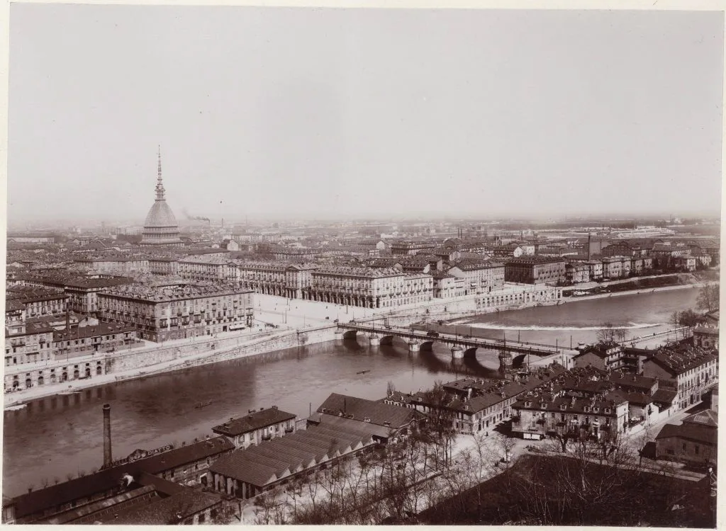Historic panorama of Turin from Monte dei Cappuccini, with the Po, Ponte Vittorio Emanuele I and Piazza Vittorio Veneto in view.