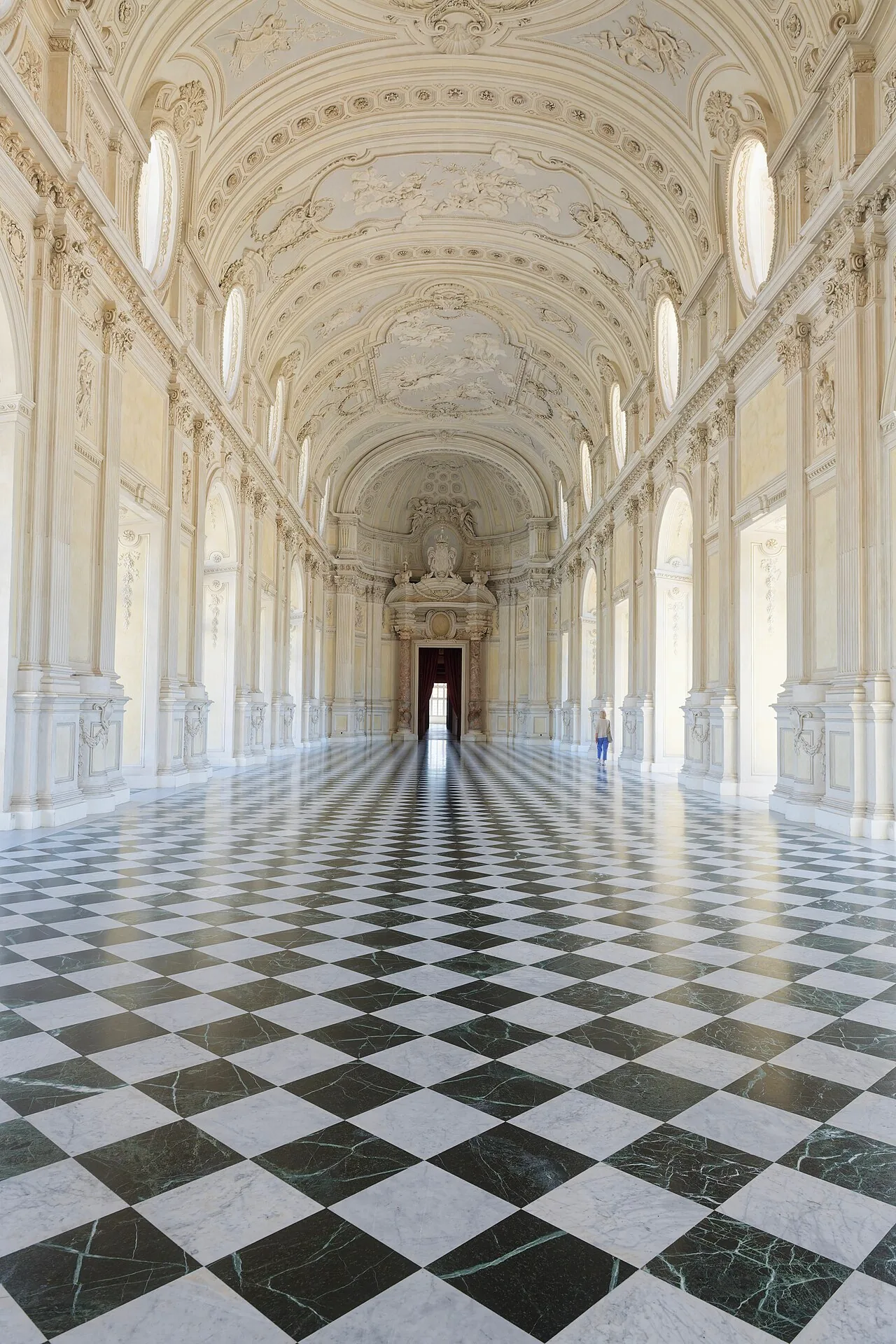 The Grand Gallery inside the Reggia di Venaria Reale, with its long vaulted interior and rows of windows.