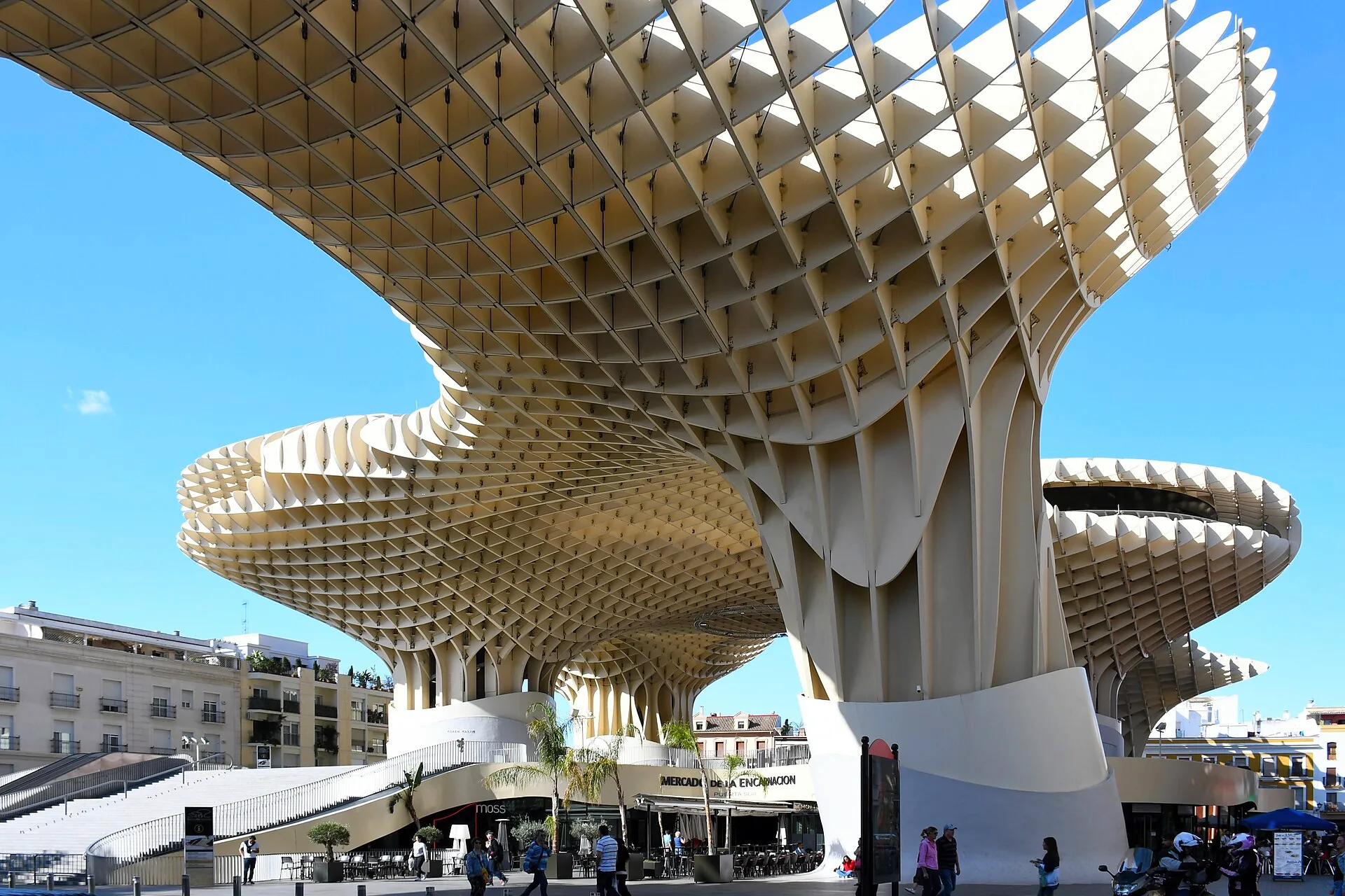 The pale timber canopy of Metropol Parasol spans a square in Seville.