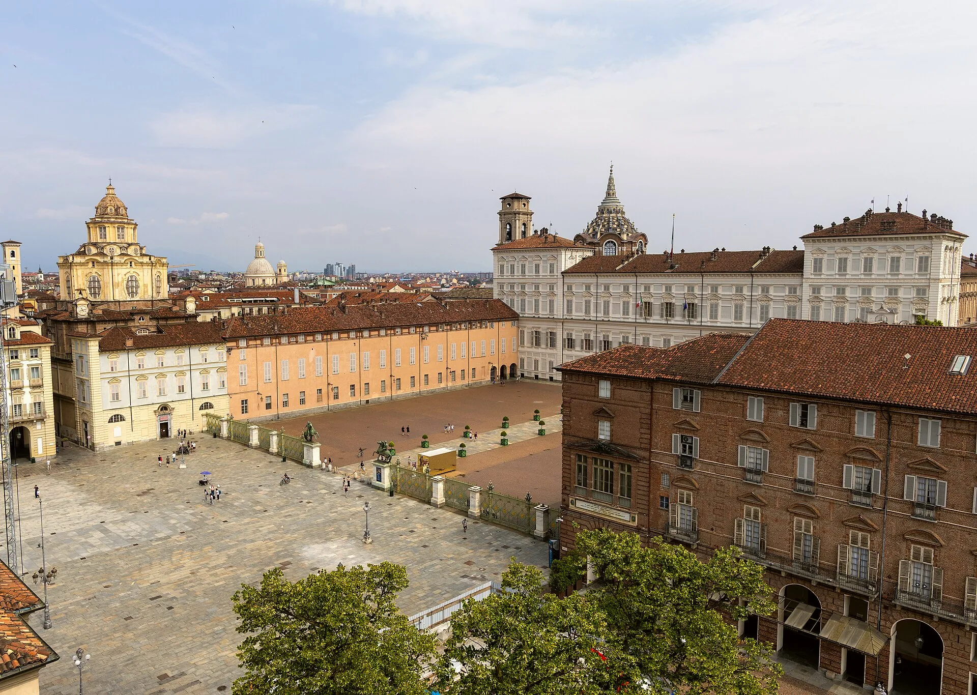 Piazza Castello and a glimpse of Piazzetta Reale, seen from a tower of Palazzo Madama in Turin.