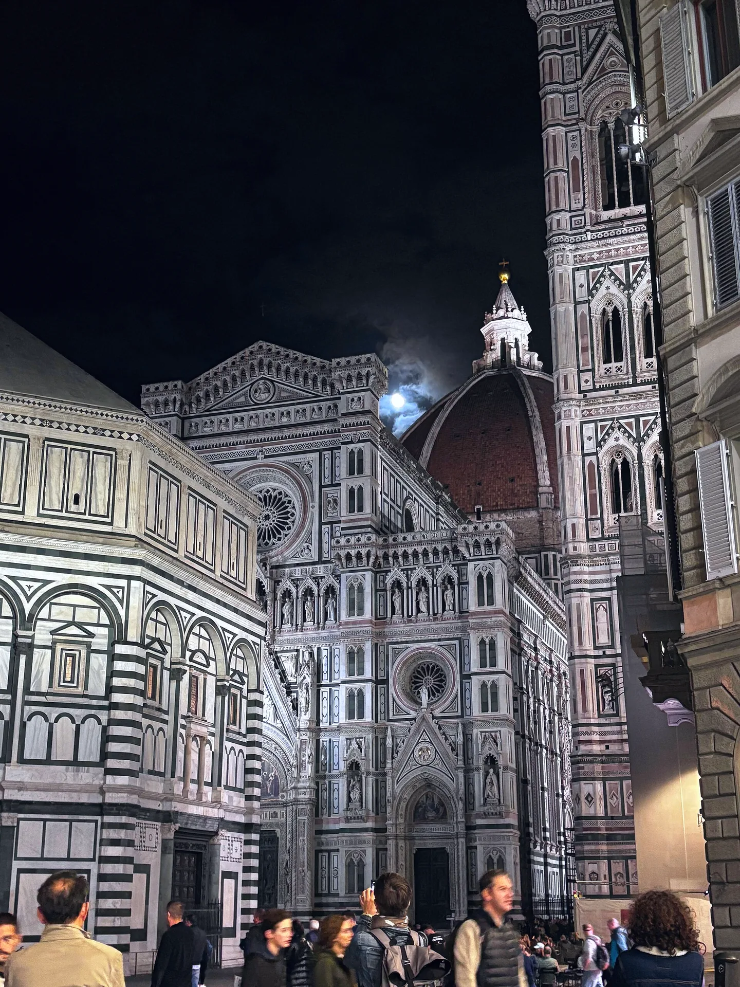 Piazza del Duomo in Florence at night, with the cathedral illuminated.