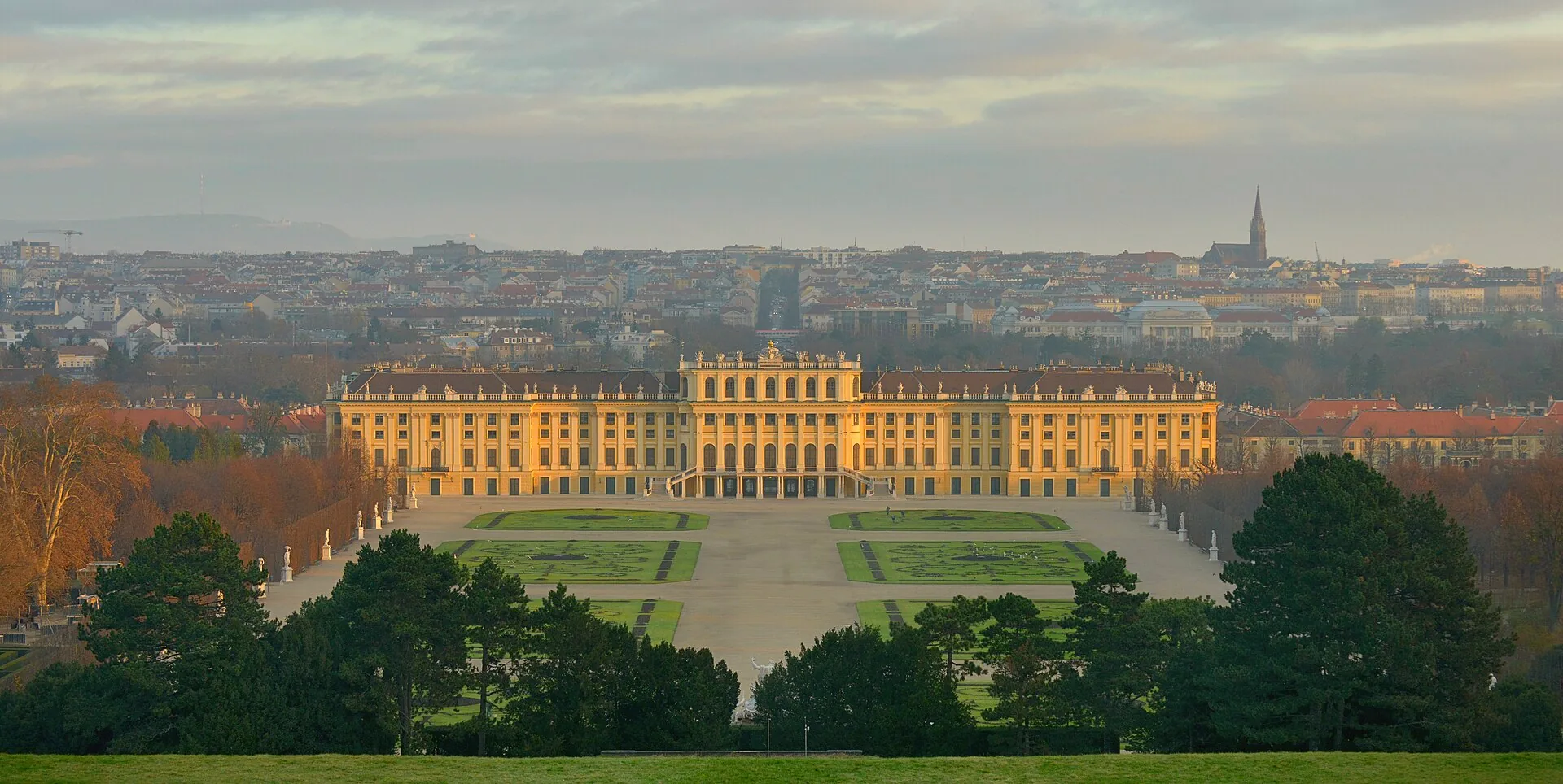 Schönbrunn Palace and its grounds seen from the Gloriette in Vienna.