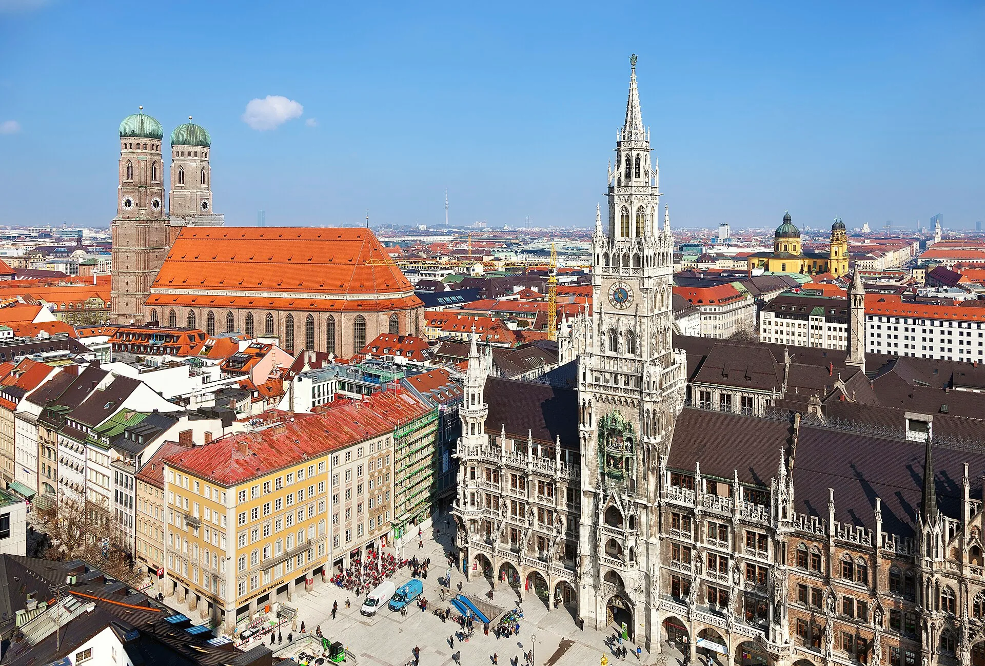 A view across Munich’s Old Town, with the Frauenkirche on the left and the New Town Hall on the right.