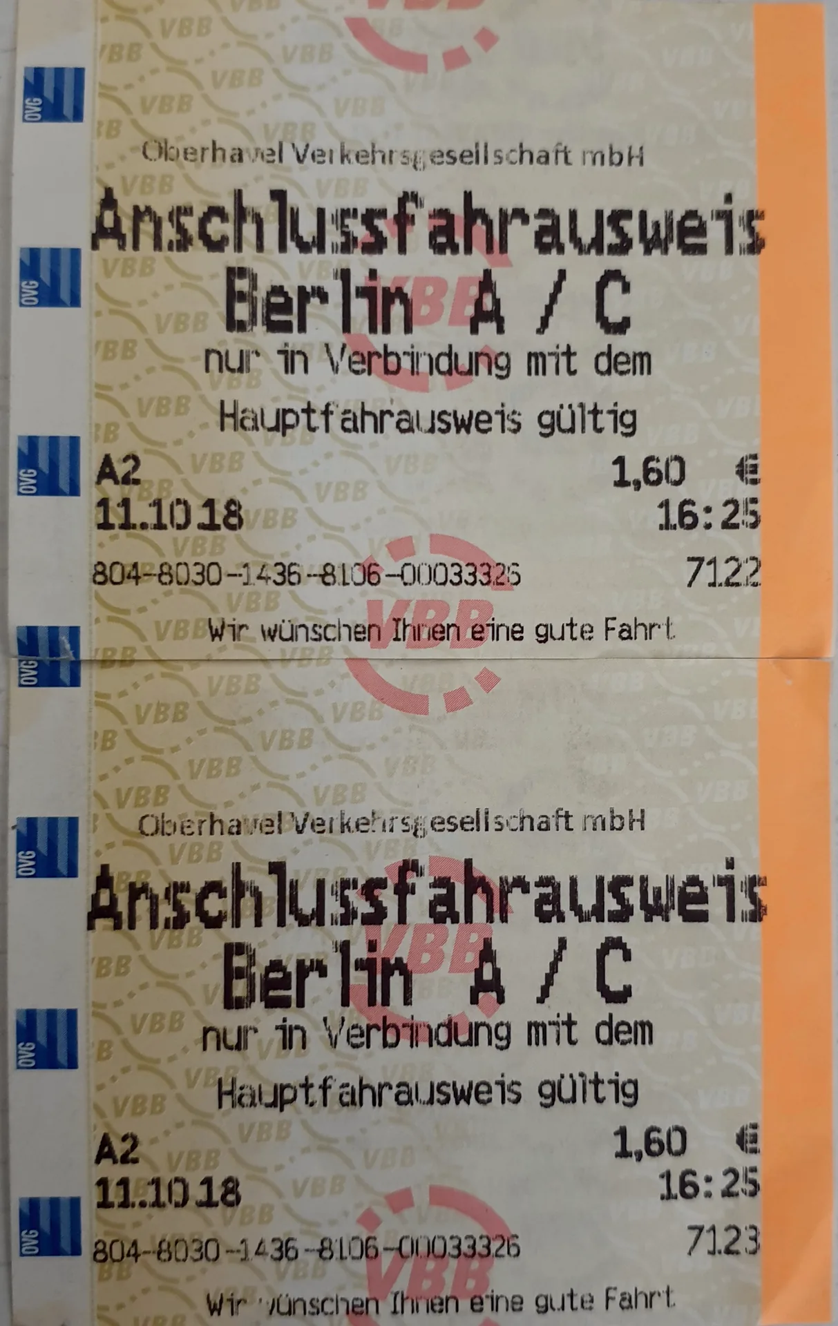 Two Berlin public transport tickets for journeys between Zones A and C.