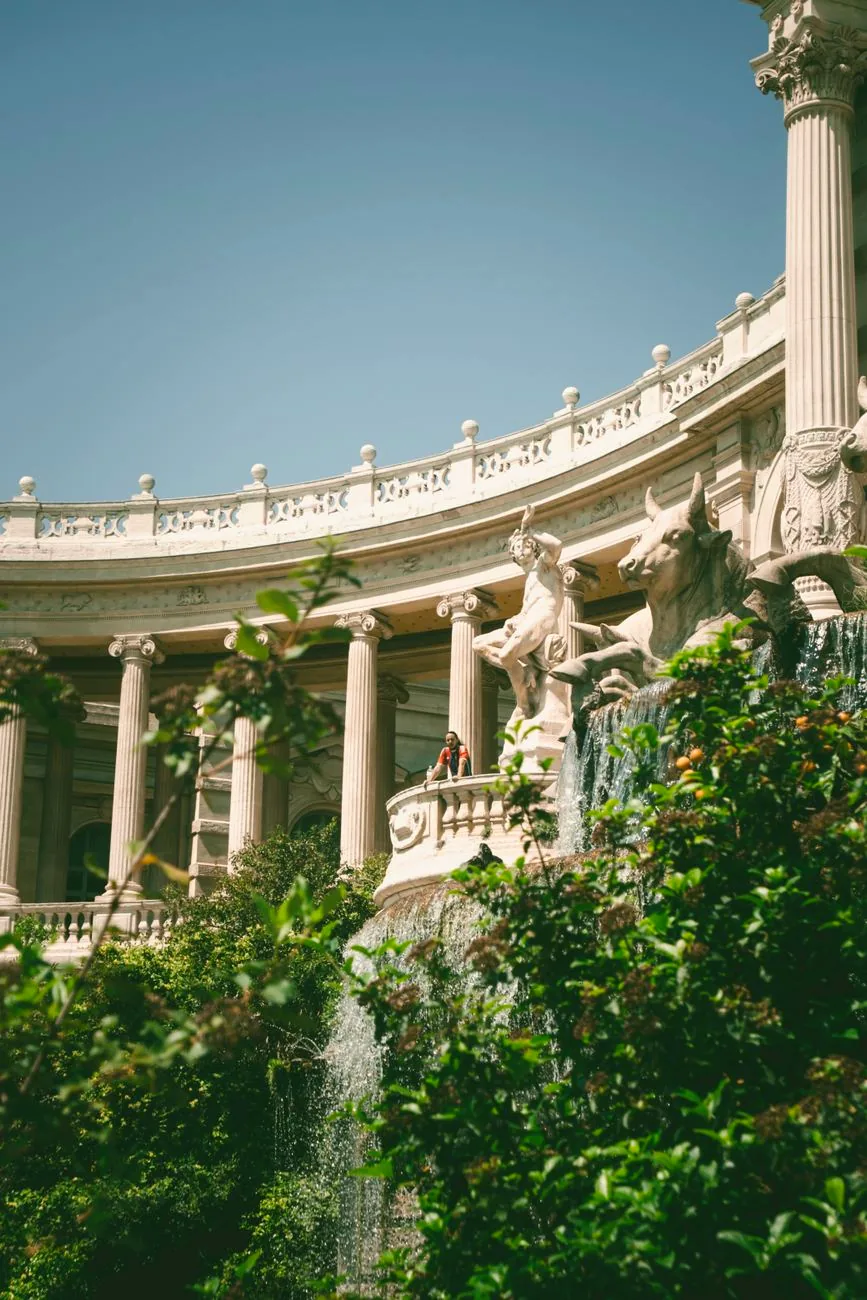 The Palais Longchamp’s façade, statues and columns in Marseille.