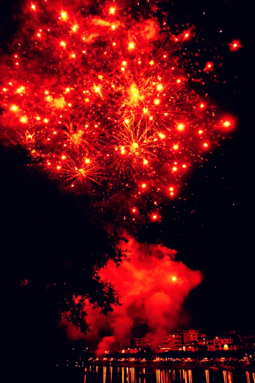 Red fireworks burst above a city skyline at night.