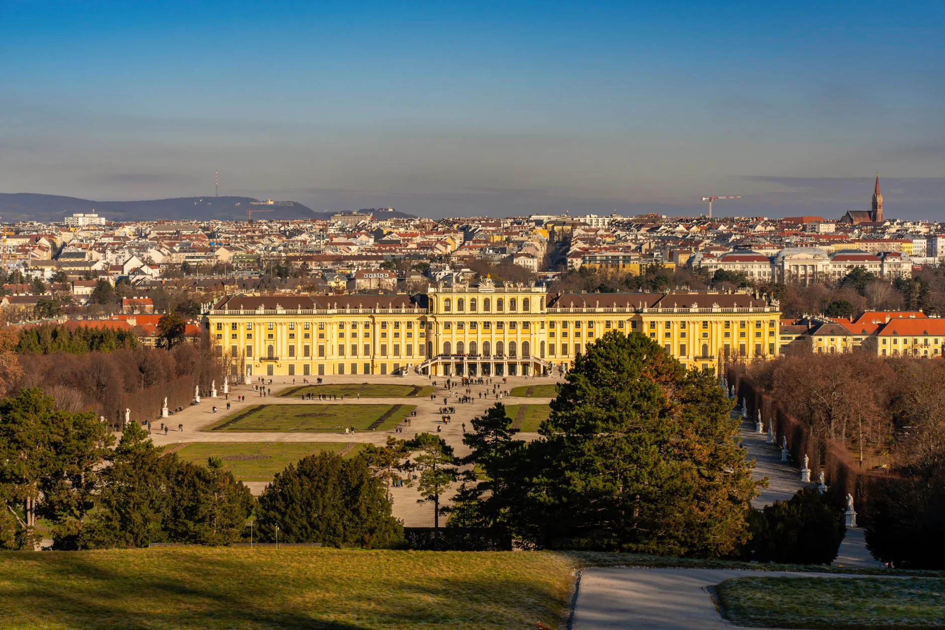 Aerial view of Schönbrunn Palace and its gardens in Vienna