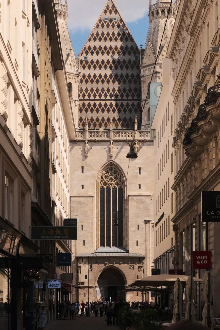 St Stephen’s Cathedral framed by narrow streets in Vienna.