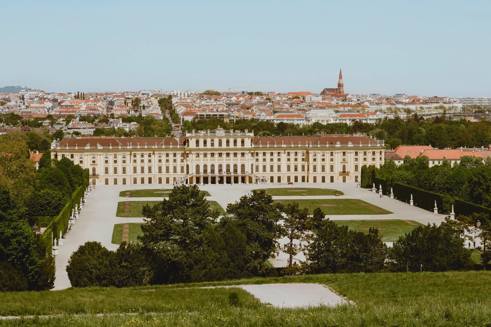 Schönbrunn Palace and its formal gardens in Vienna.