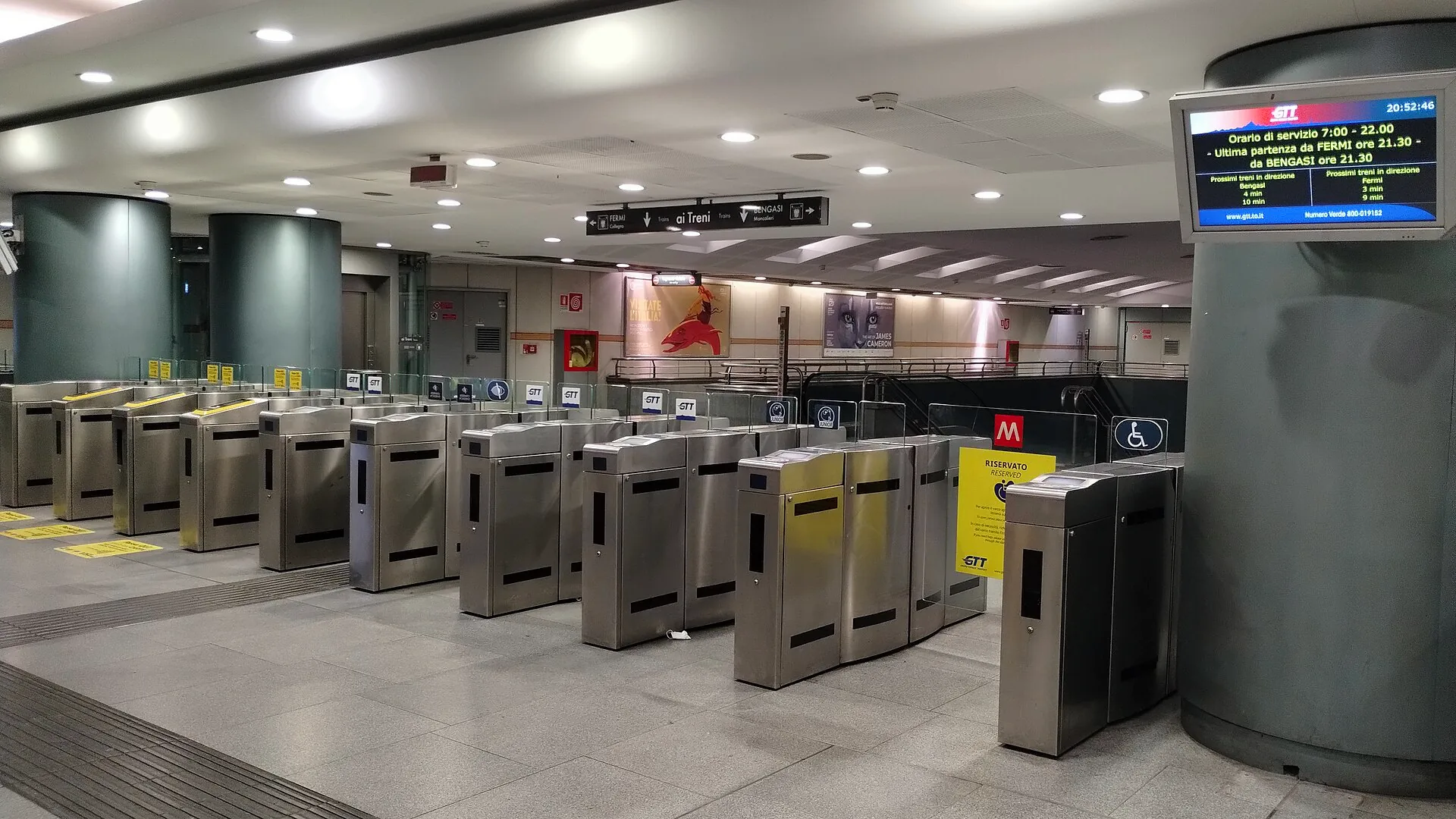Entry gates at XVIII Dicembre station on the Turin Metro.