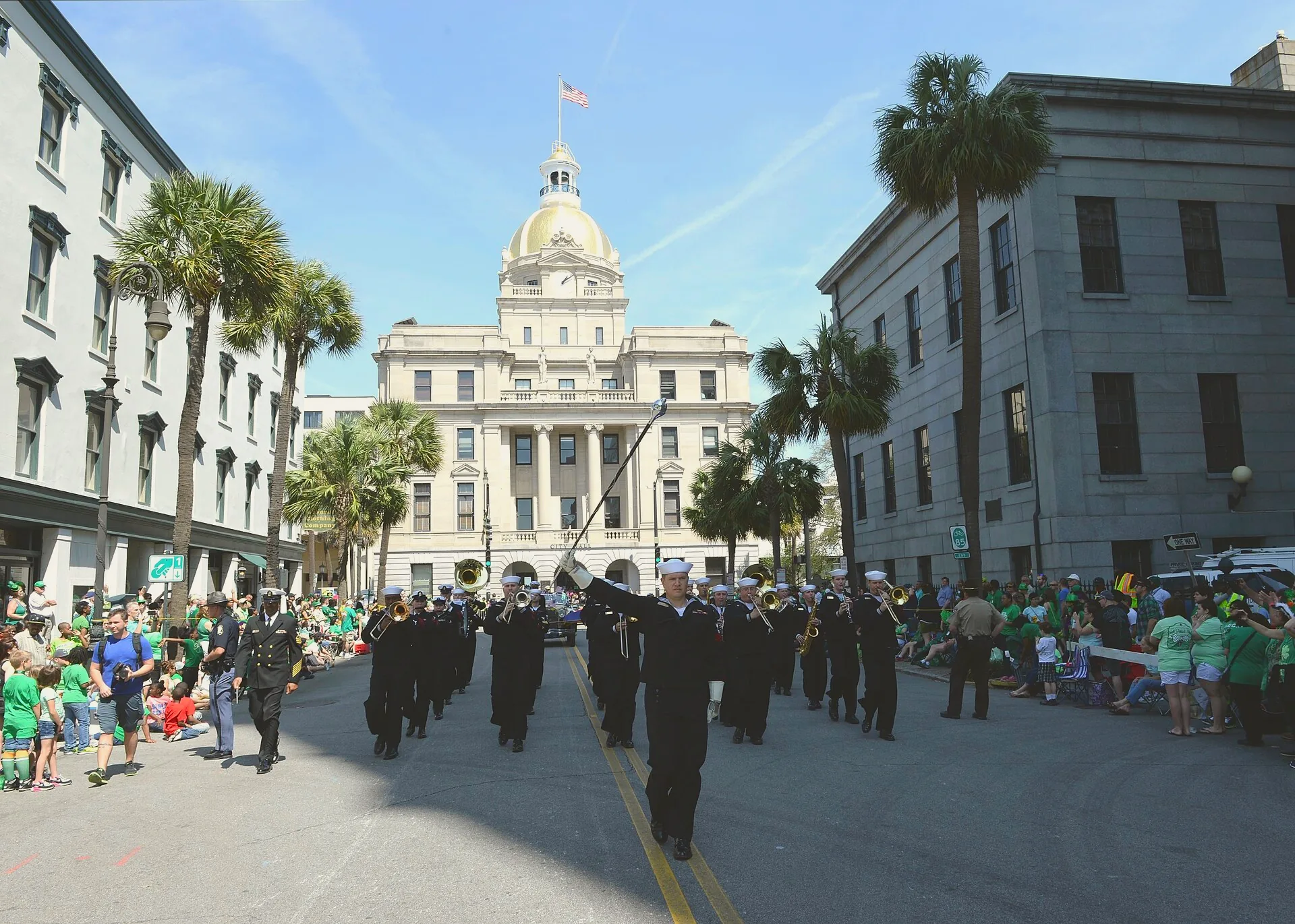 Members of the US Navy Band Southeast marching in Savannah’s St Patrick’s Day parade.