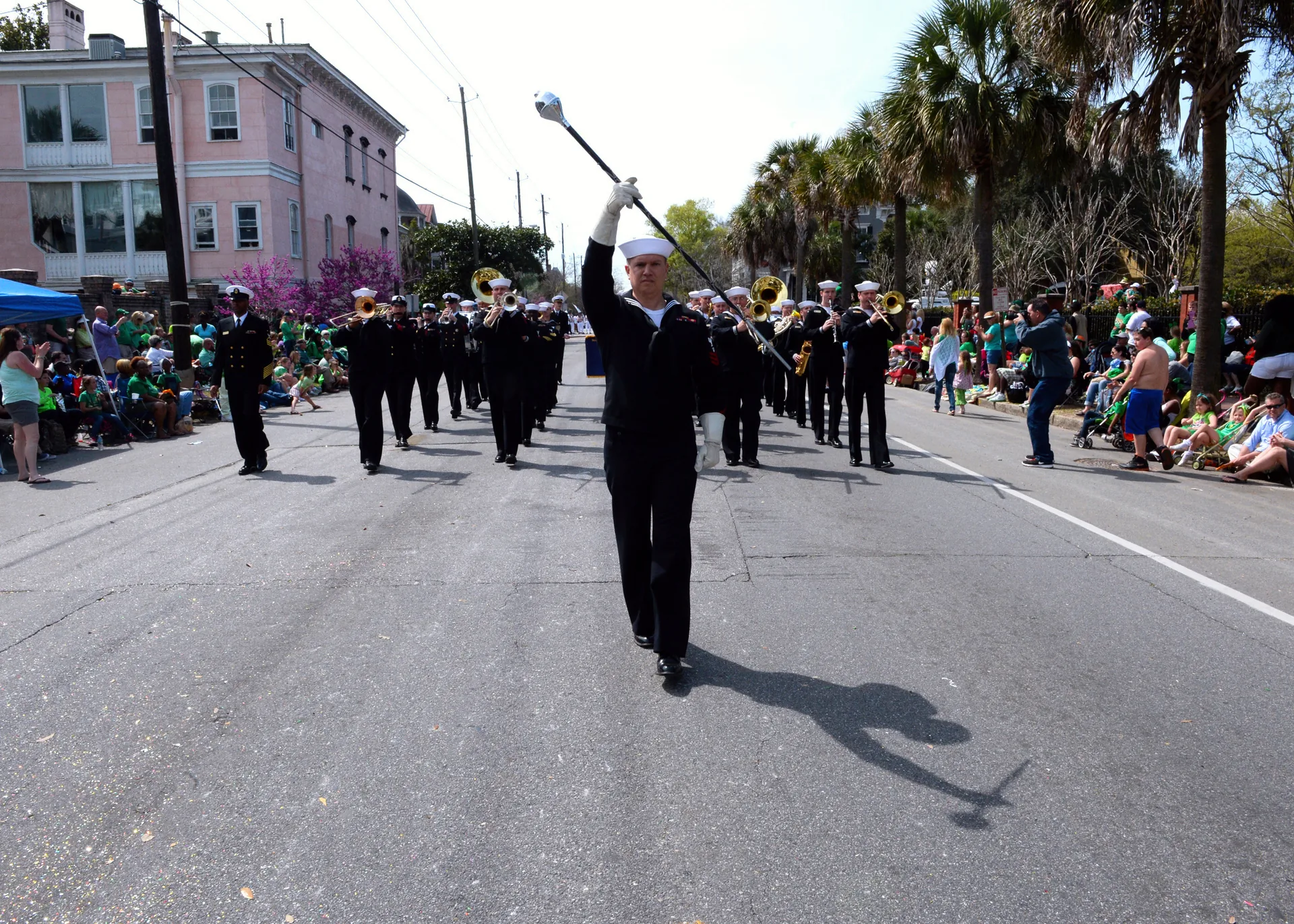 Members of the U.S. Navy Band Southeast march in Savannah’s St Patrick’s Day parade.