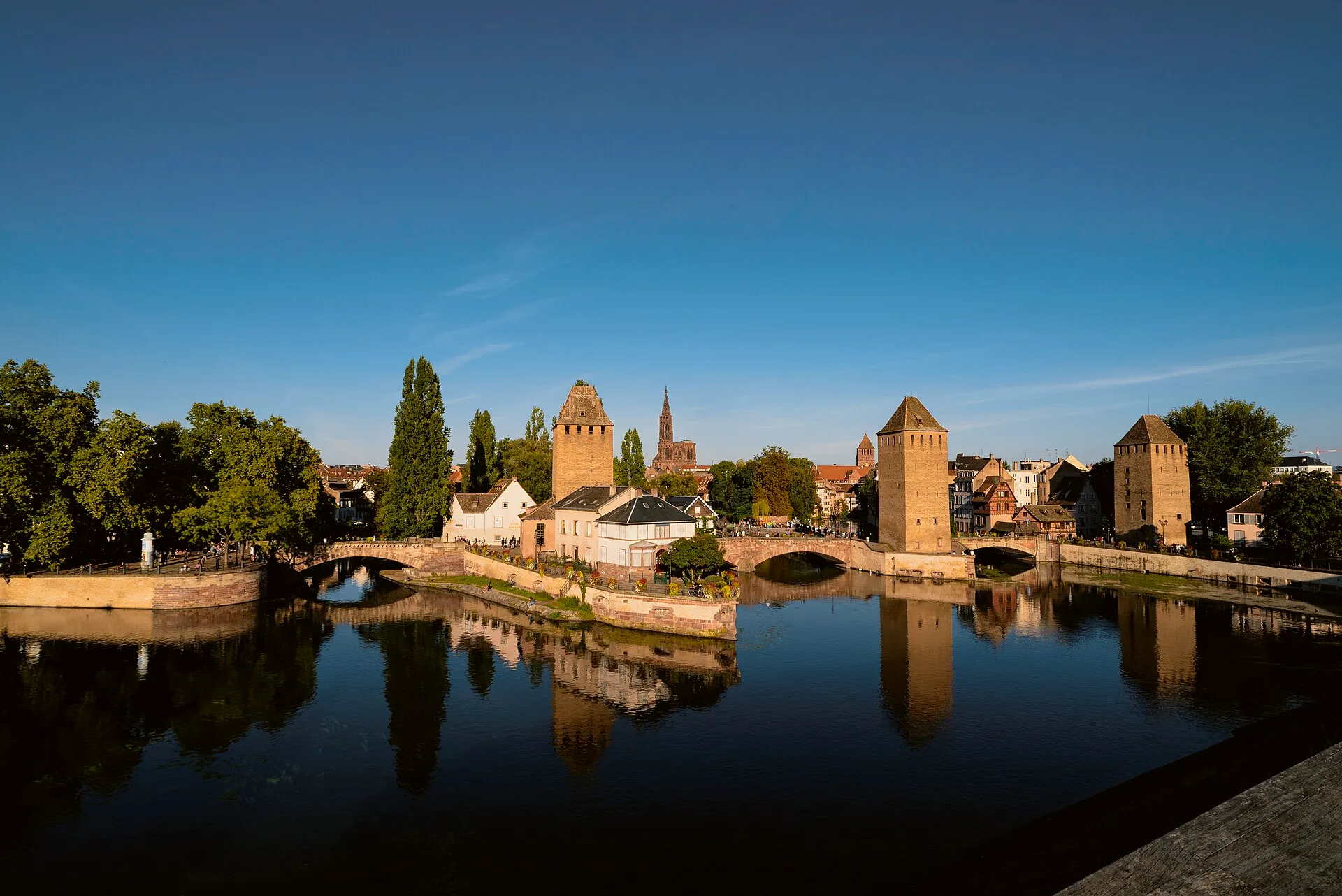 The Ponts Couverts seen from the Barrage Vauban, with Strasbourg Cathedral in the background.