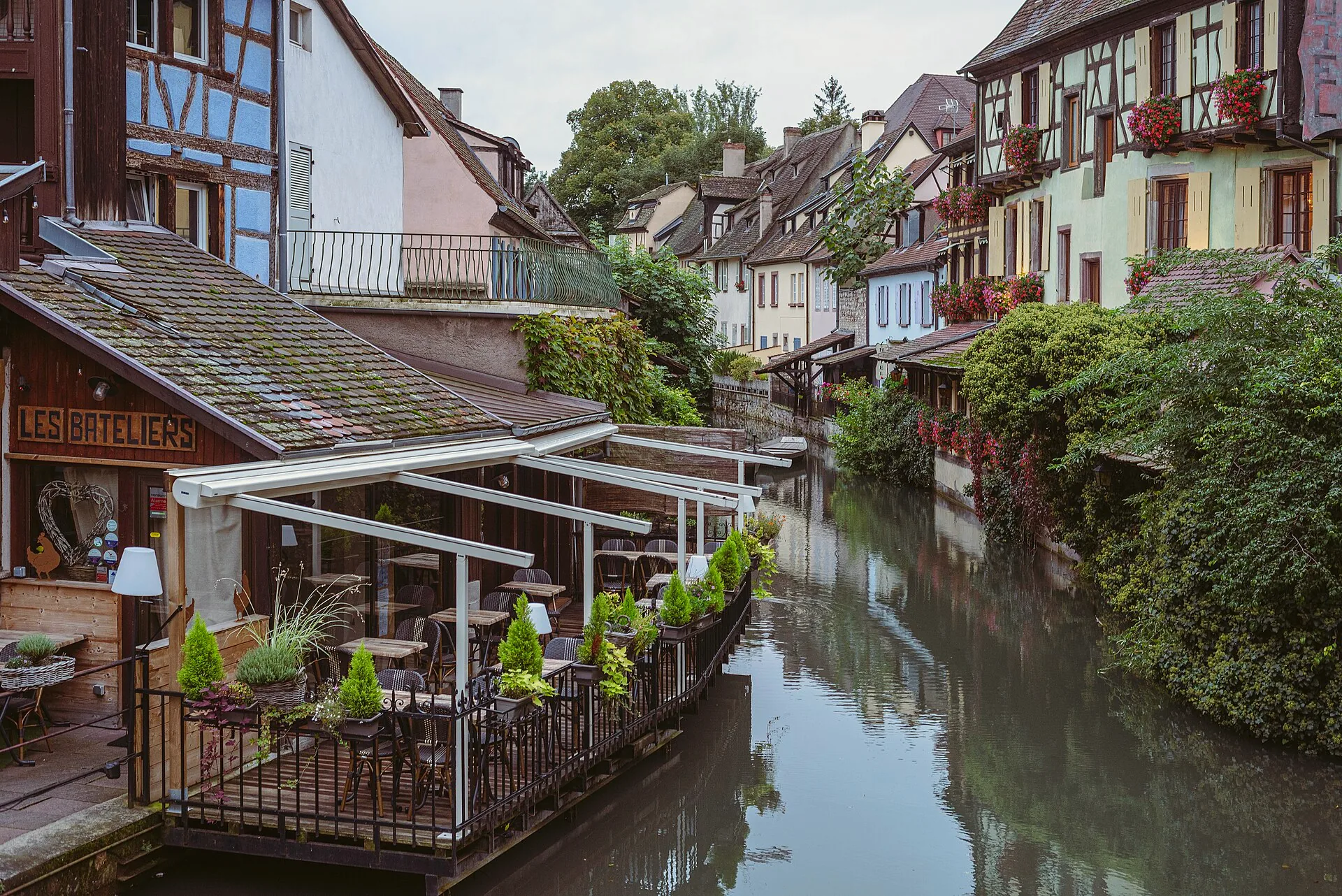 Timbered houses of Petite Venise viewed from the bridge on rue Turenne in Colmar.