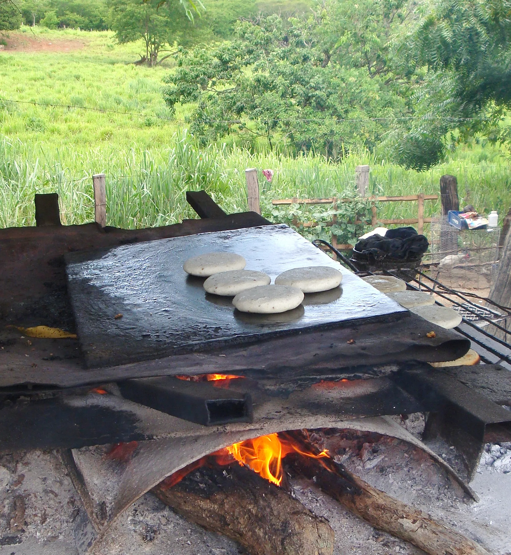 Arepas cooking over a wood fire.