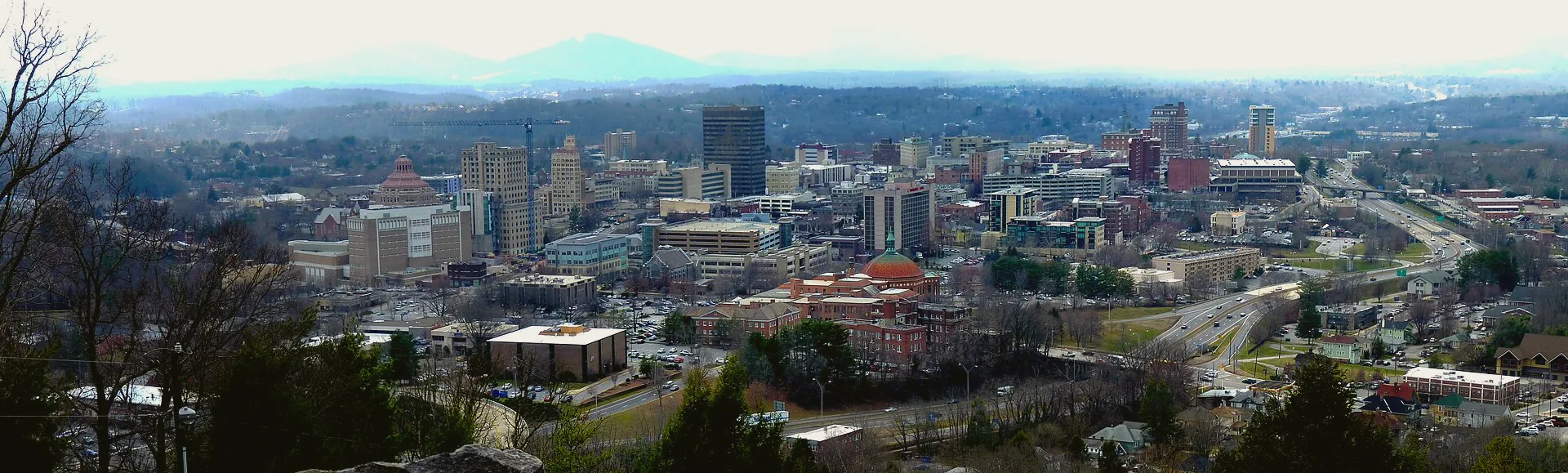Panoramic view across downtown Asheville, with buildings clustered in the city centre.