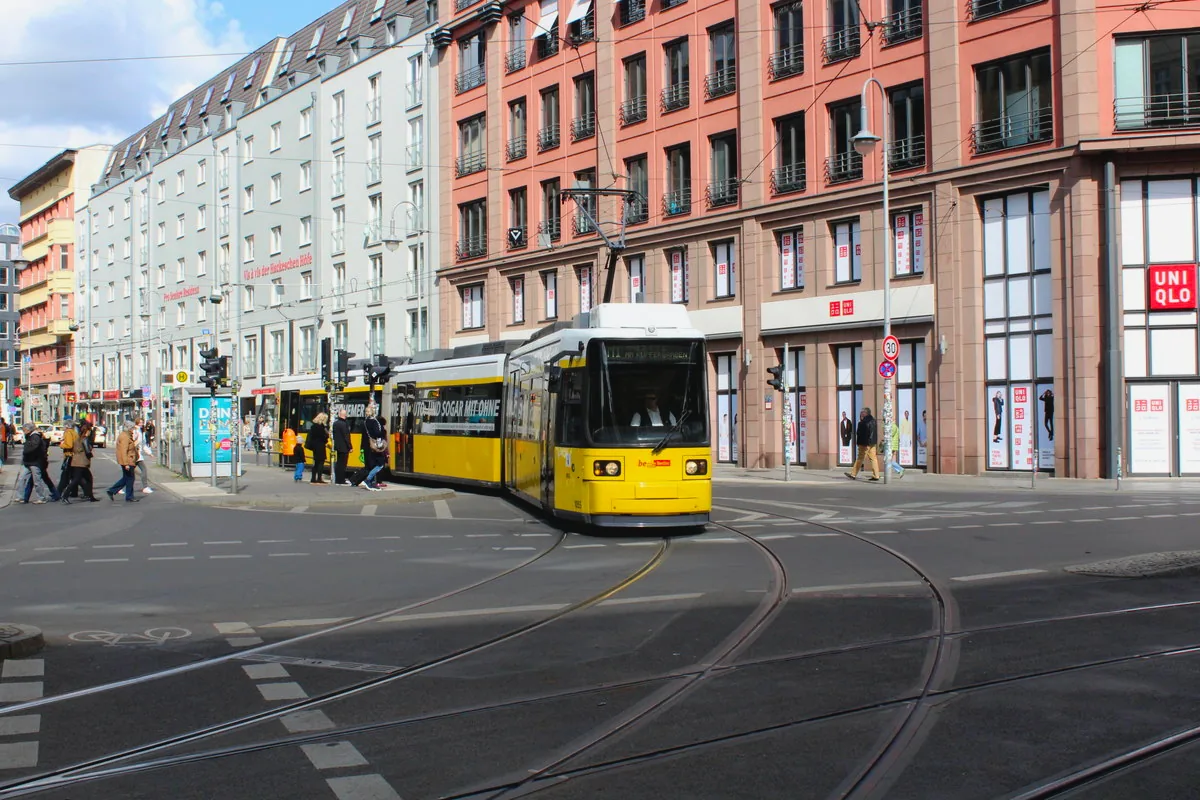 A BVG M1 tram at Hackescher Markt in Berlin.