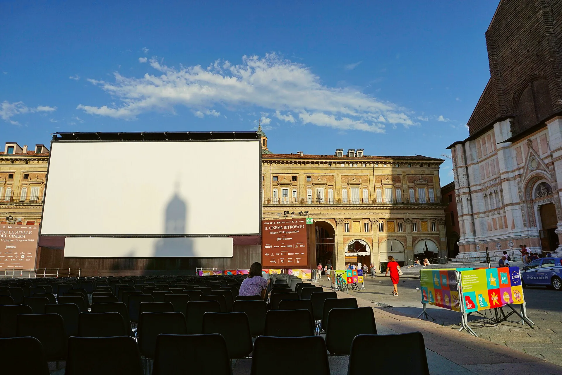 Il Cinema Ritrovato festival gathering in front of San Petronio Basilica in Piazza Maggiore, Bologna