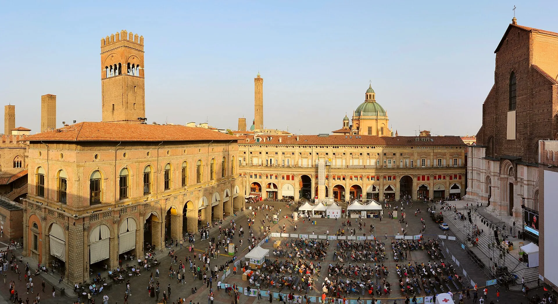Piazza Maggiore seen from Palazzo Comunale, with the surrounding buildings enclosing the square.