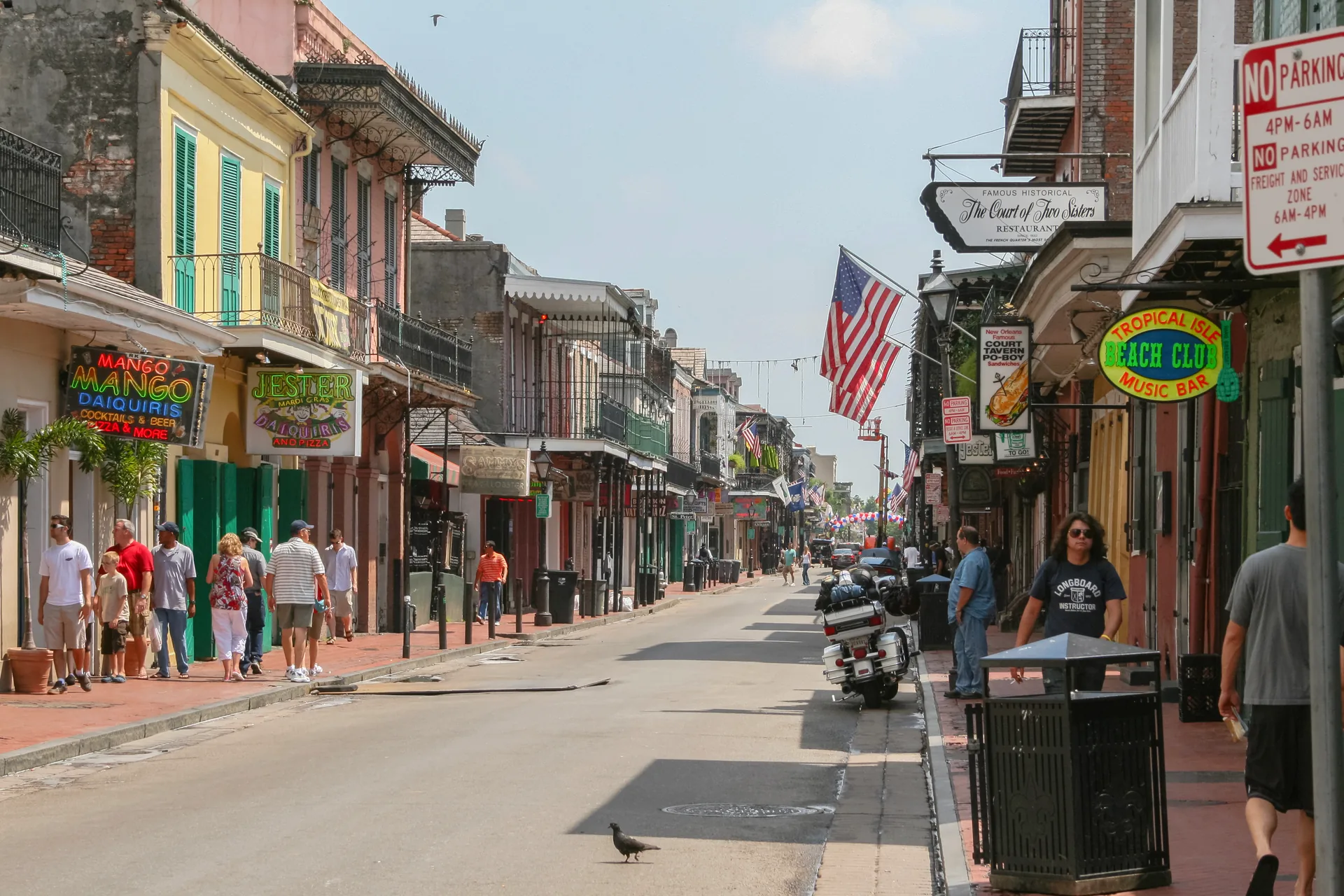 Bourbon Street in New Orleans’s French Quarter, with historic buildings lining the street.