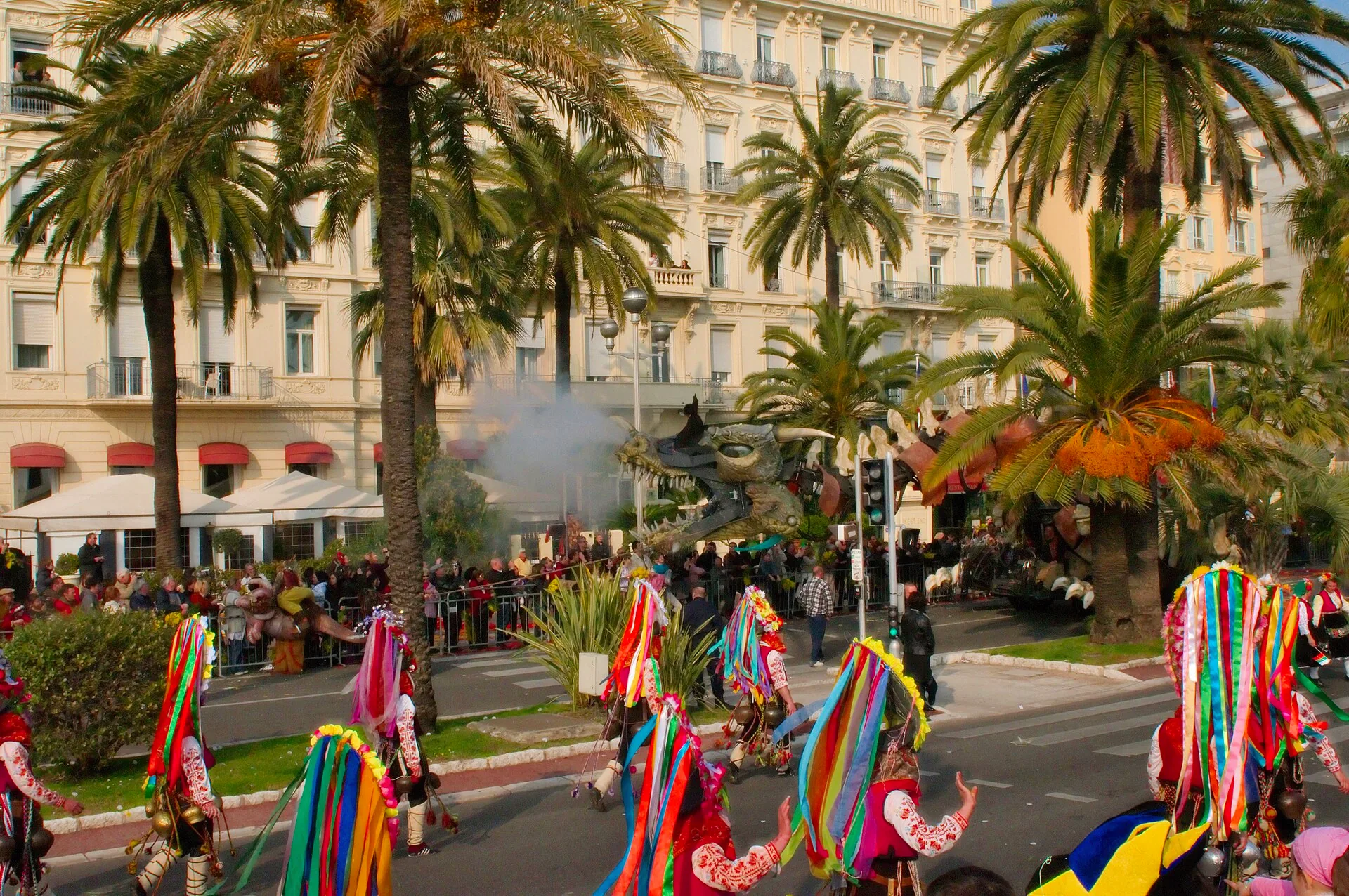 A flower battle float passes through Nice during the Carnaval de Nice.