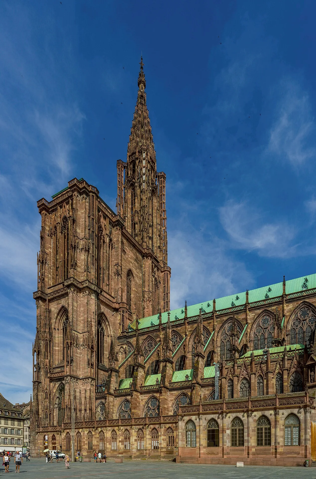 The south face of Strasbourg Cathedral, with its Gothic stonework and tall spire.