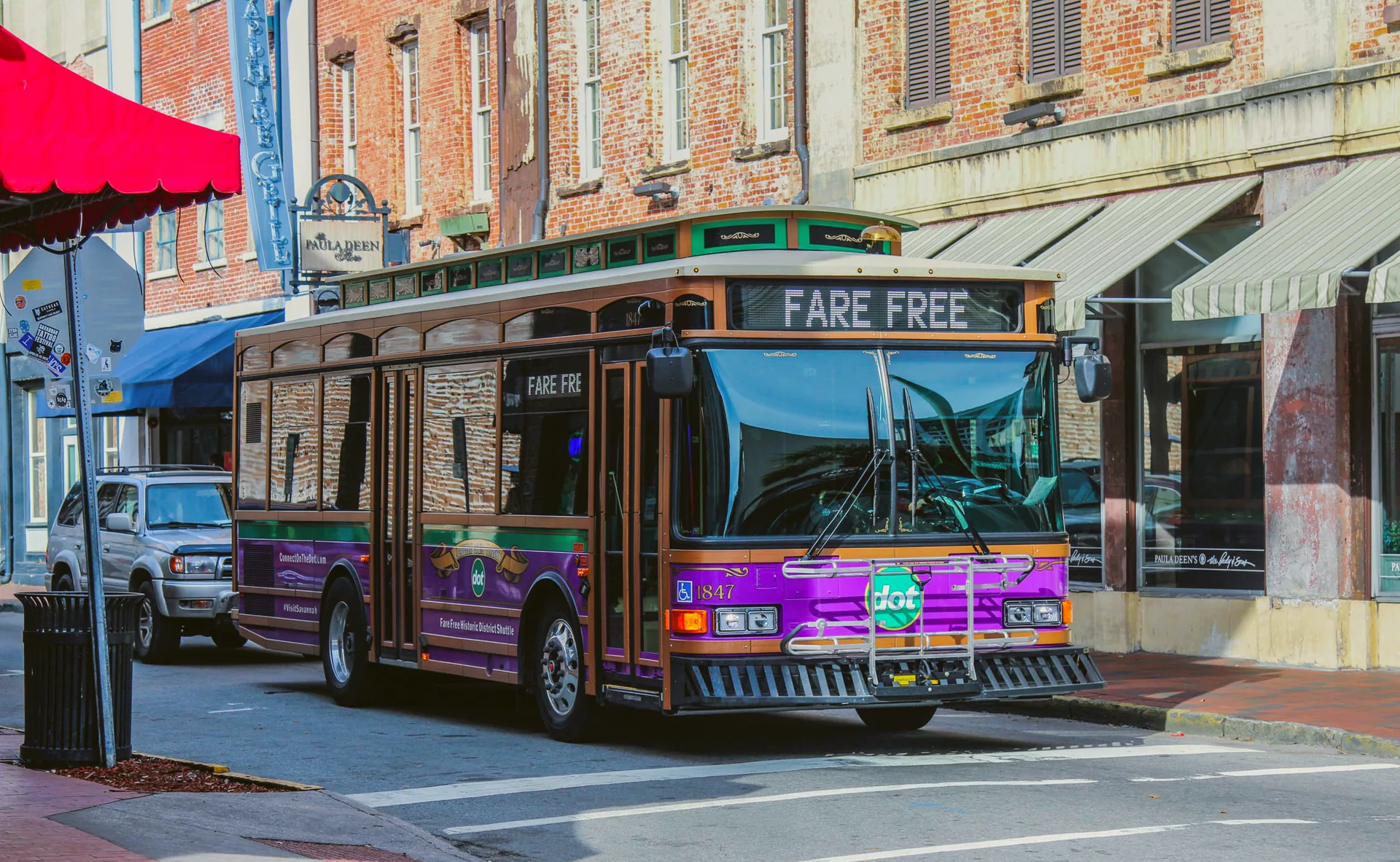 Chatham Area Transit dot shuttle bus on West Congress Street in downtown Savannah.