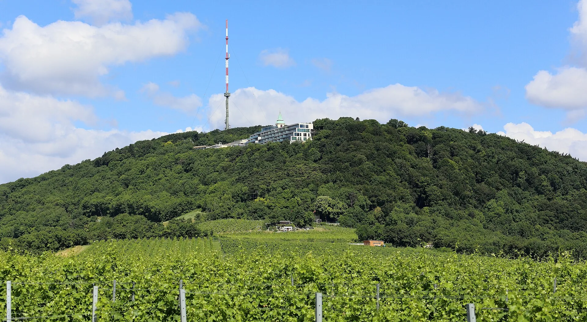 The summit of Kahlenberg, with a communications mast, buildings and the tower of St Joseph’s Church.