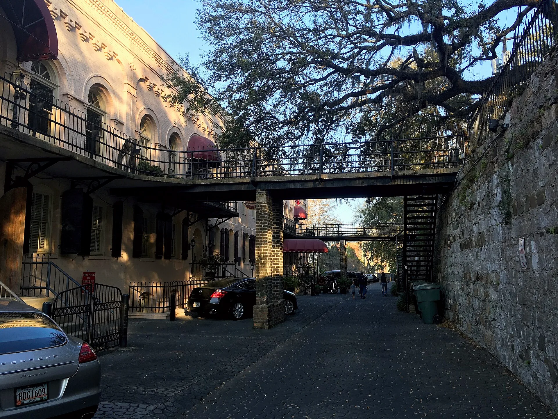 The stone passage and building entrances along East Factors Walk in Savannah.