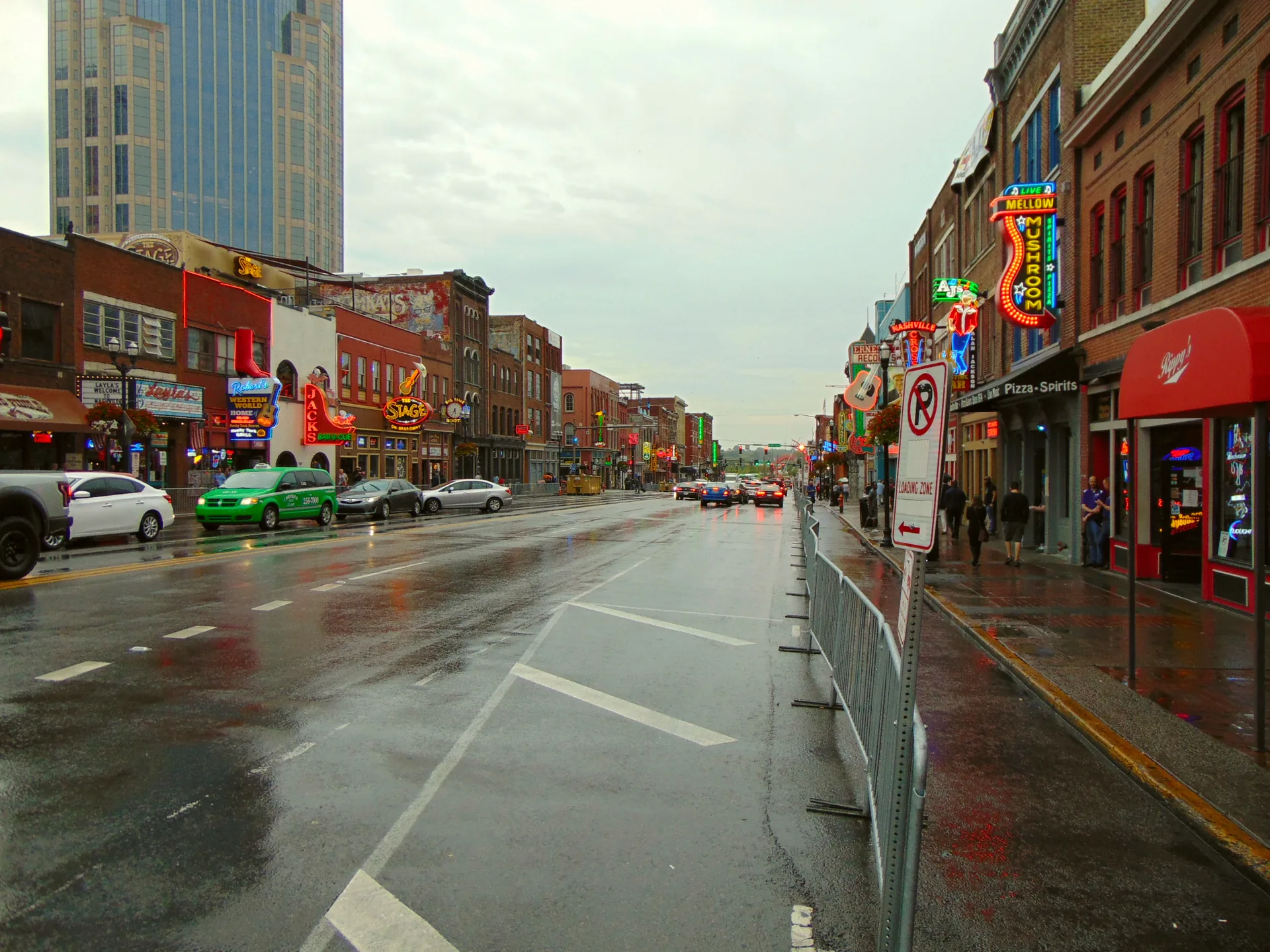 Lower Broadway in Nashville, with its street-level buildings and traffic.