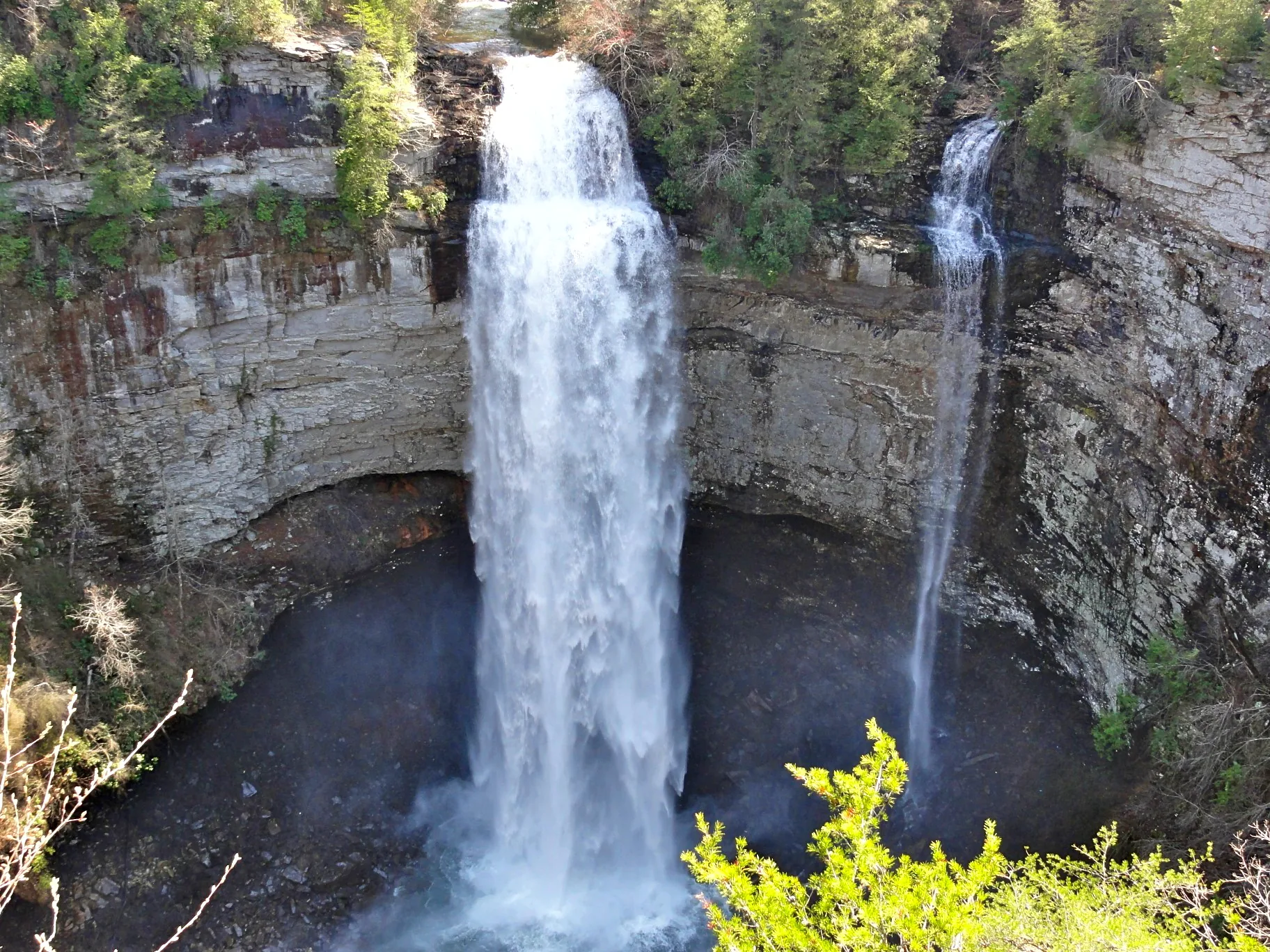 Fall Creek Falls and Coon Creek Falls descend side by side in Tennessee.