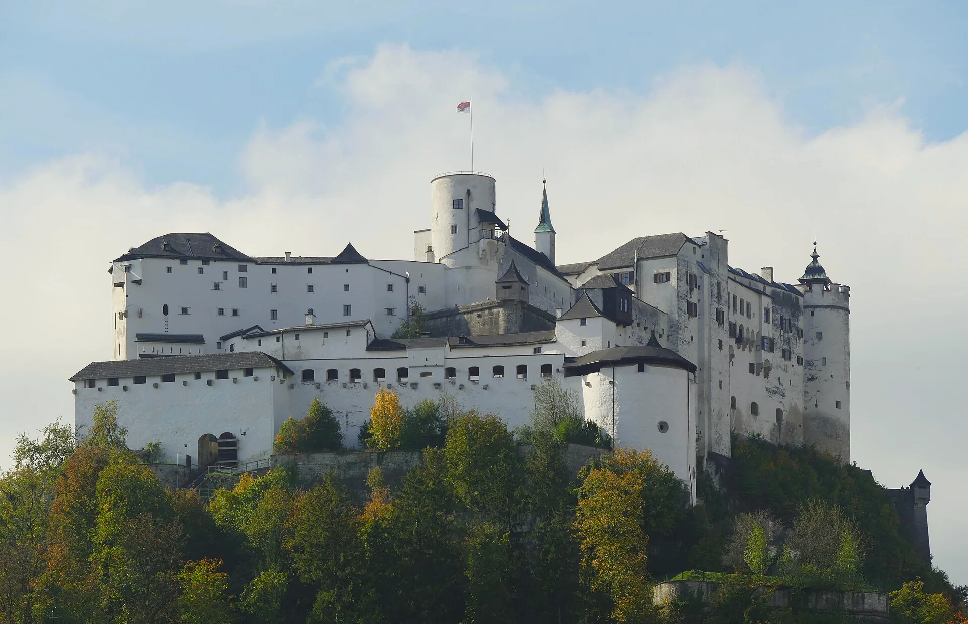 Hohensalzburg Fortress seen from the north-east above Salzburg.