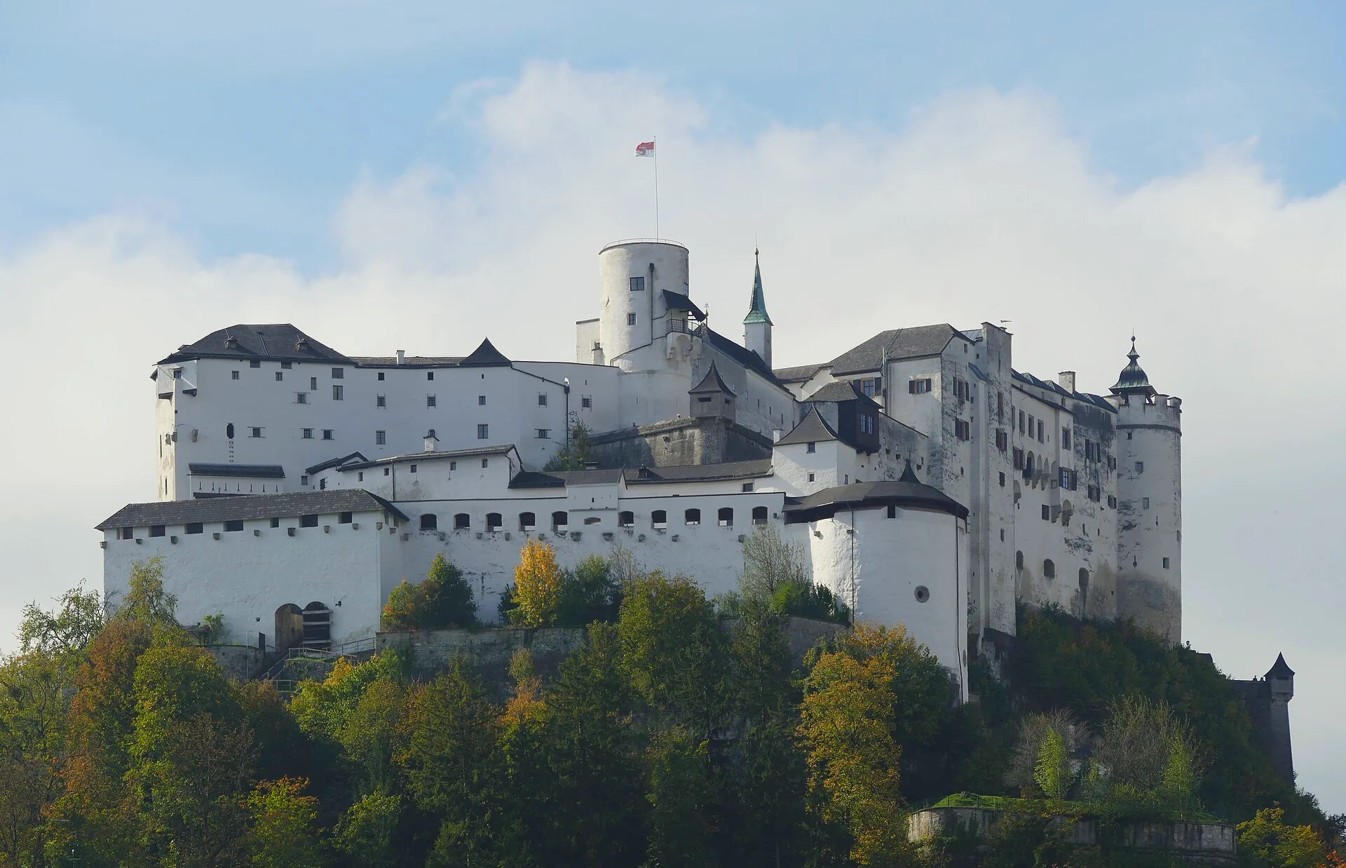 Hohensalzburg Fortress seen from the north-east above Salzburg.