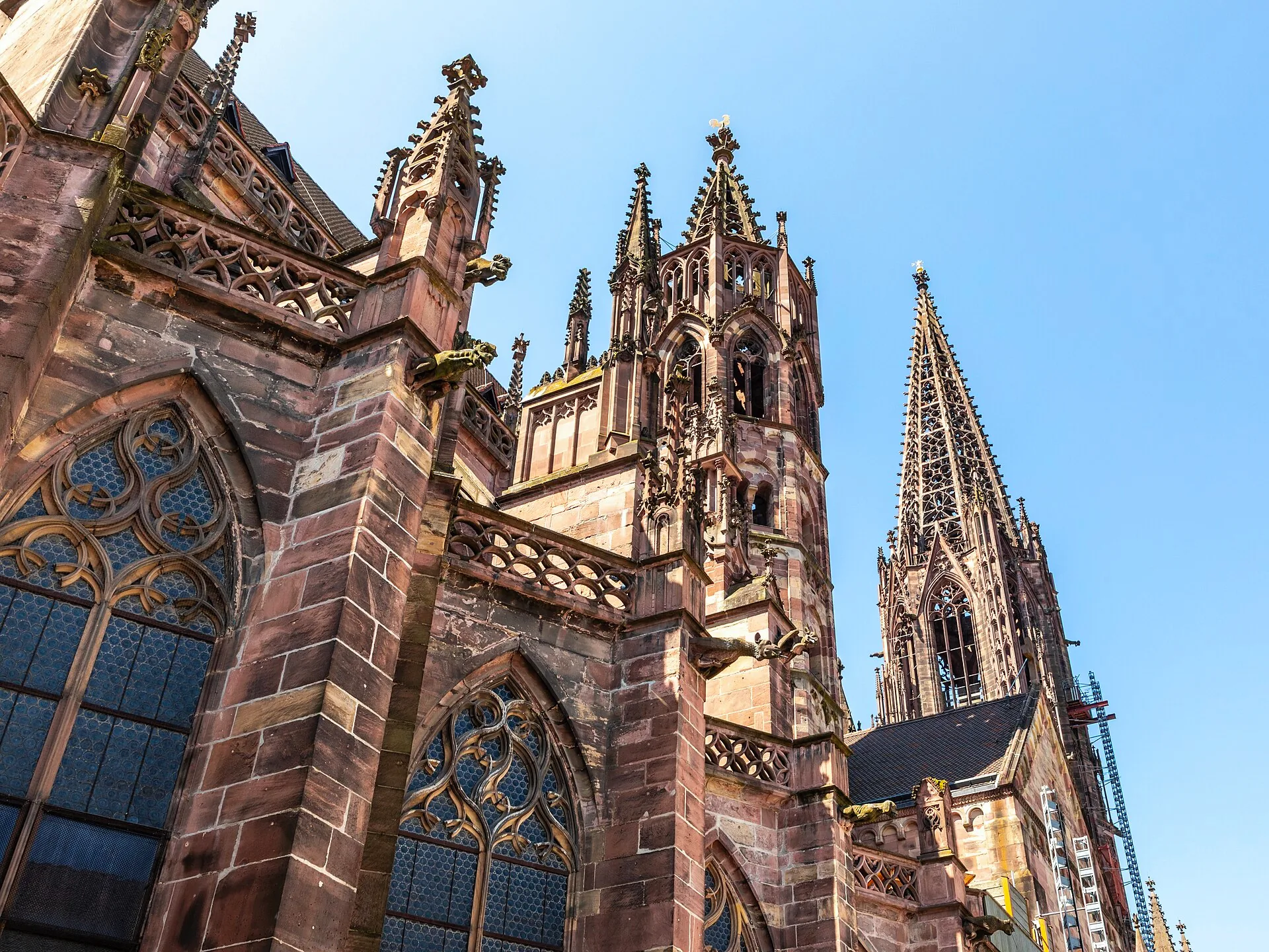 Freiburg Minster, a large church with a tall tower rising above the surrounding buildings.