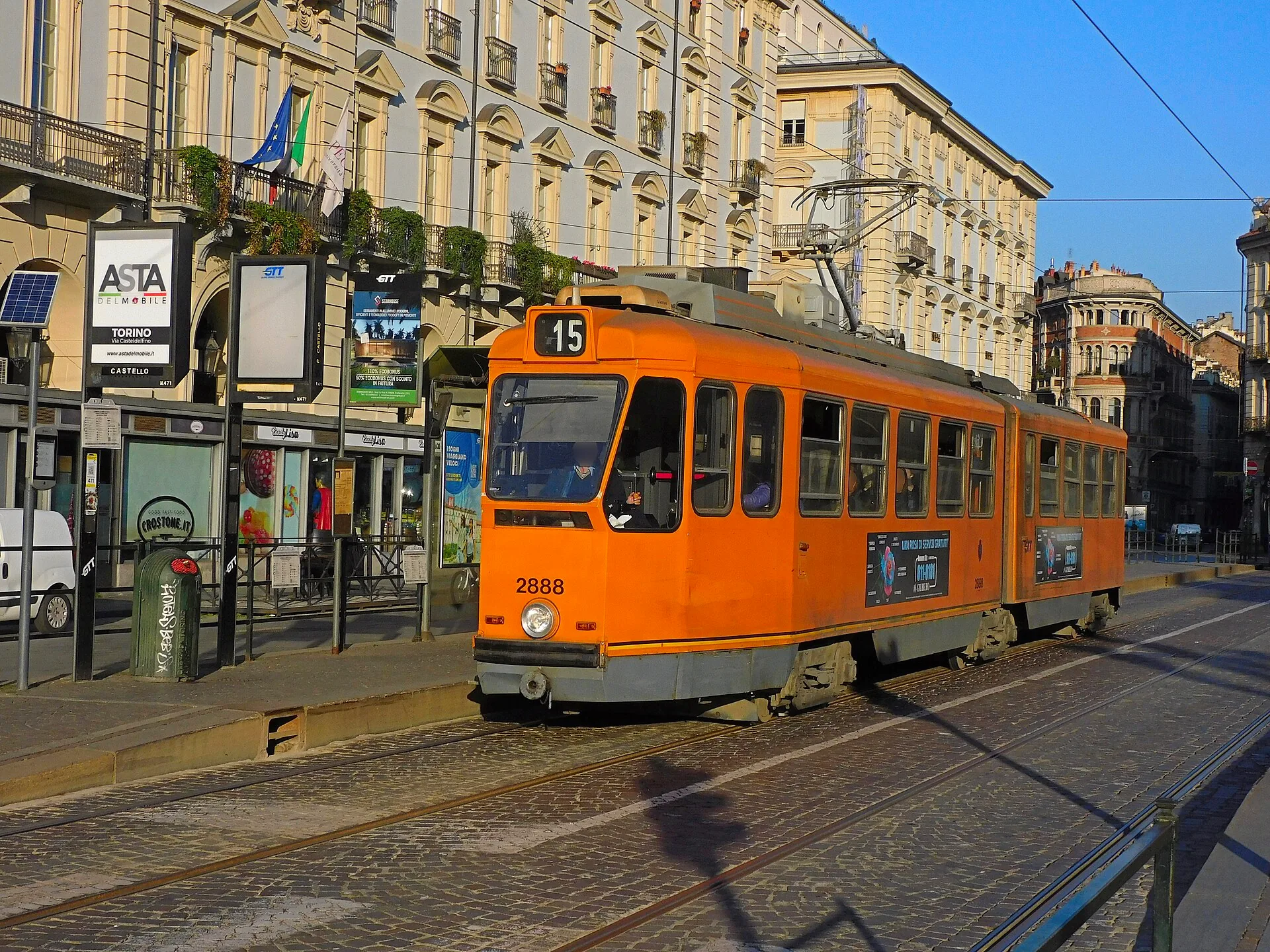 GTT tram 2888 stopped at Piazza Castello in Turin, displaying service on line 15 towards Coriolano.