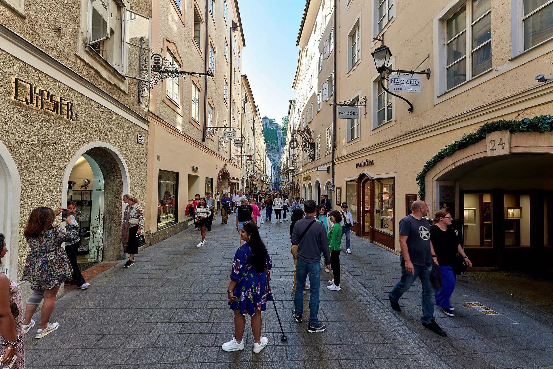The Getreidegasse, with historic buildings lining the street.