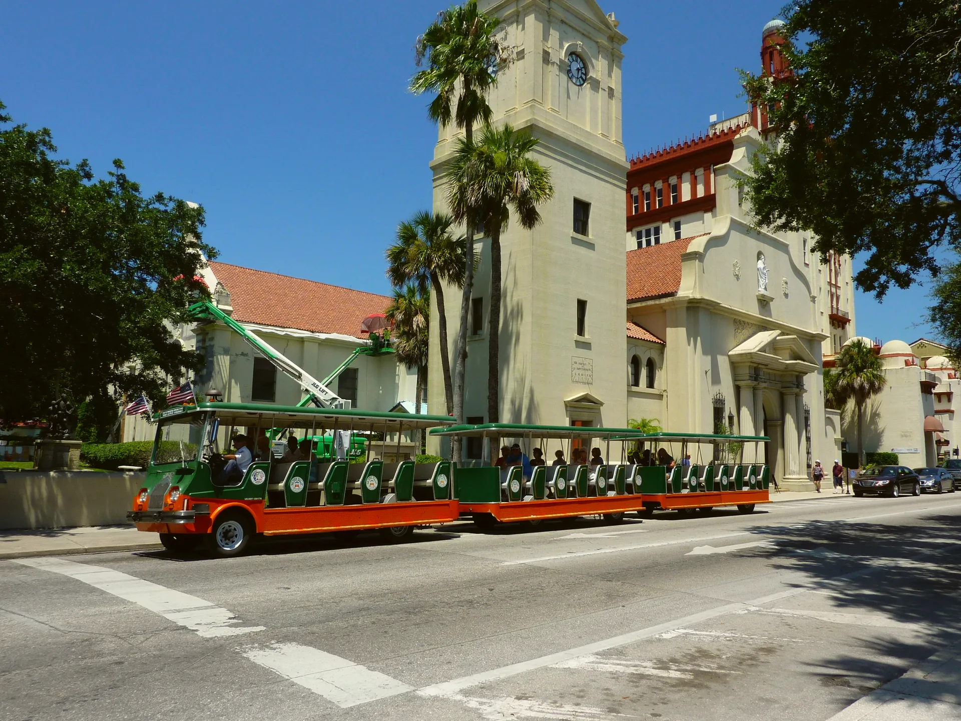 A streetscape in St Augustine’s historic district, with historic buildings lining the street.