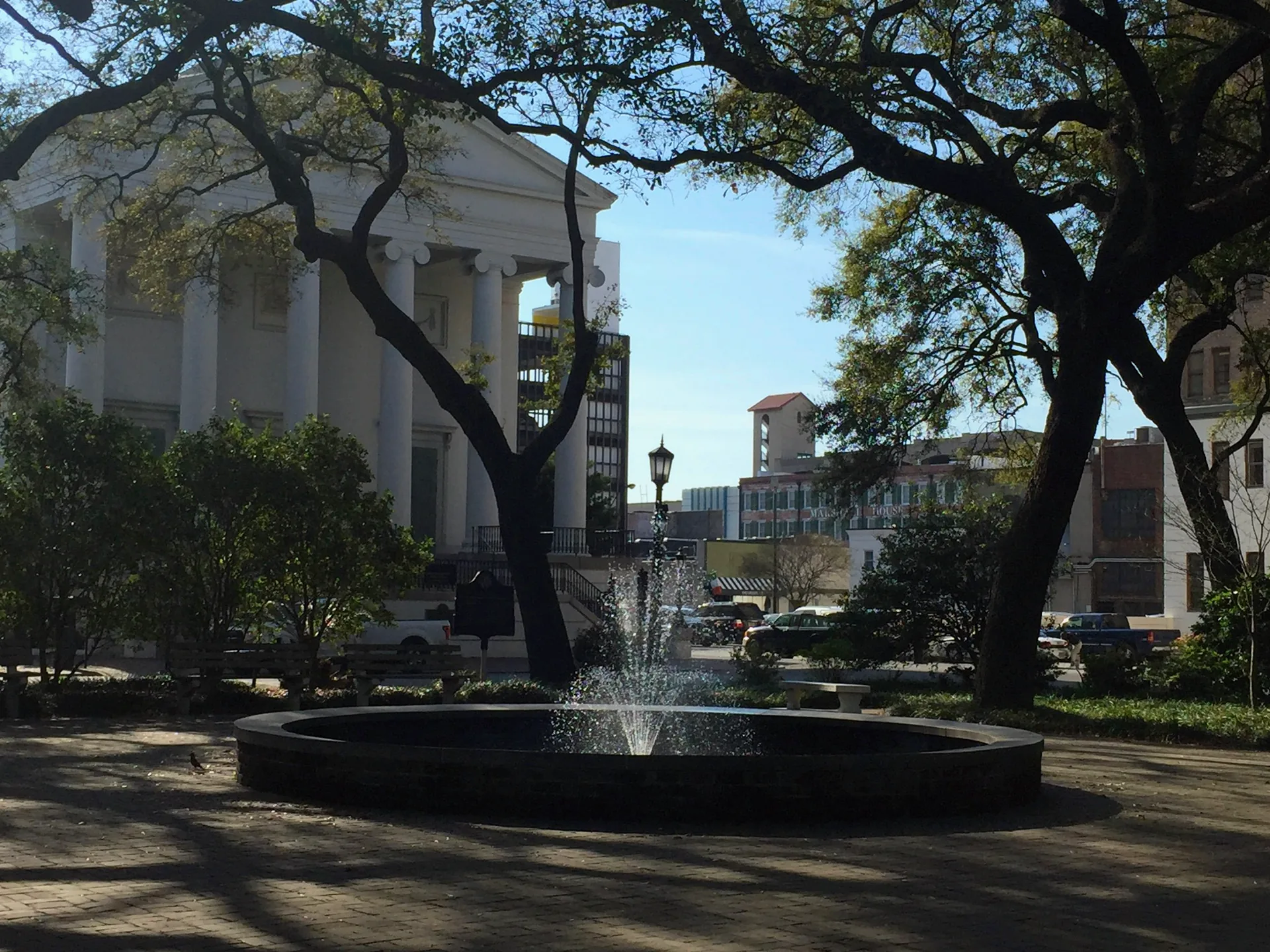 Fountain in Johnson Square, with trees and surrounding buildings in view.