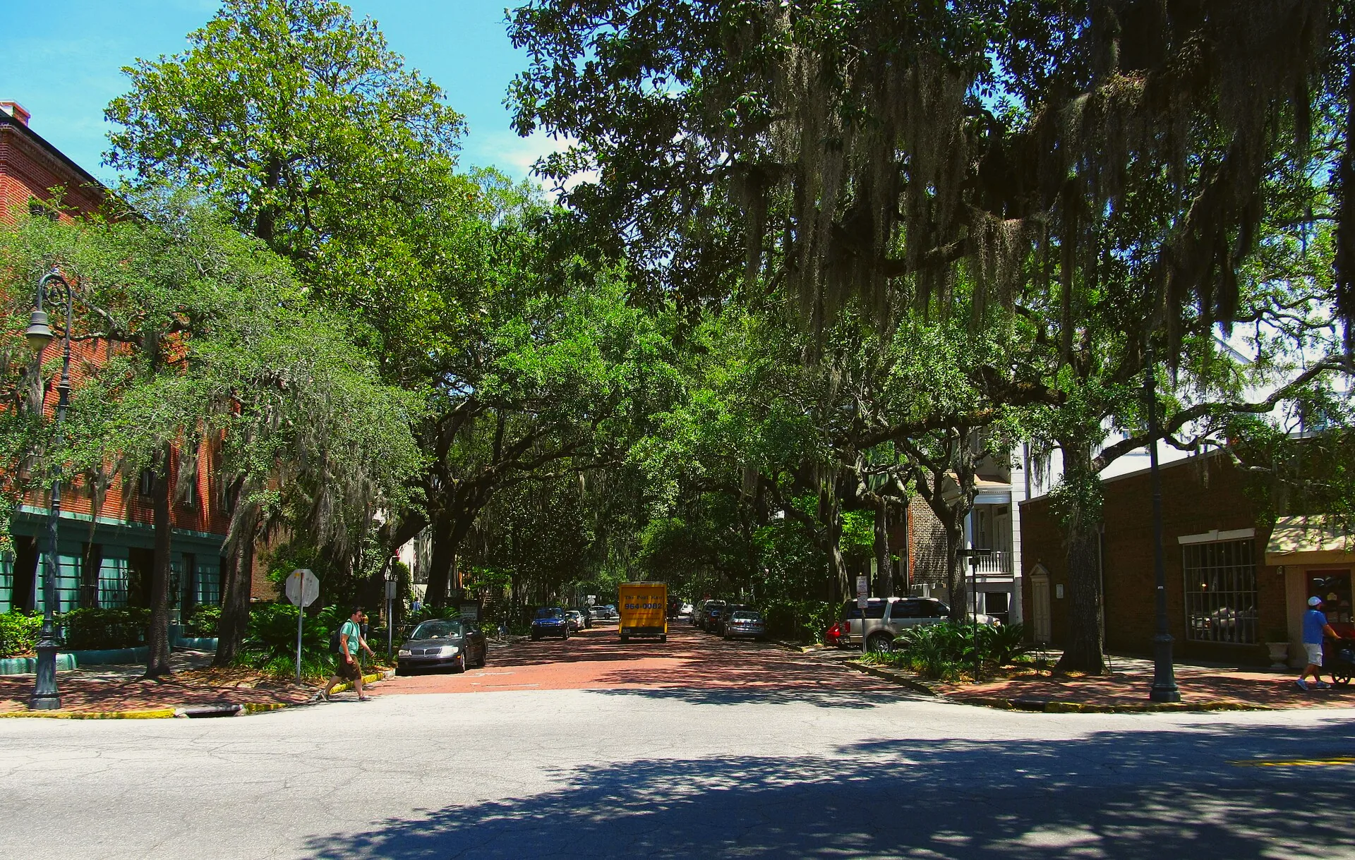 Bull Street meets Jones Street in Savannah, with historic buildings along the road.