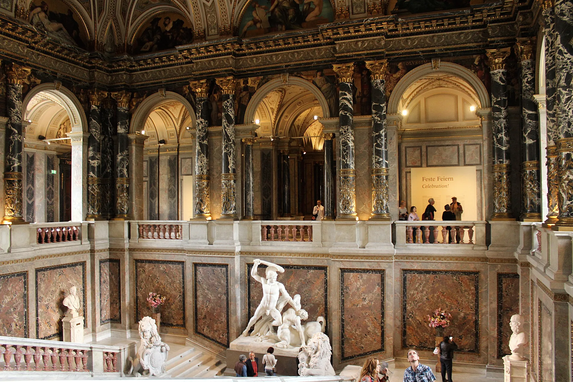 The main staircase inside Vienna’s Kunsthistorisches Museum, with its grand architectural details.
