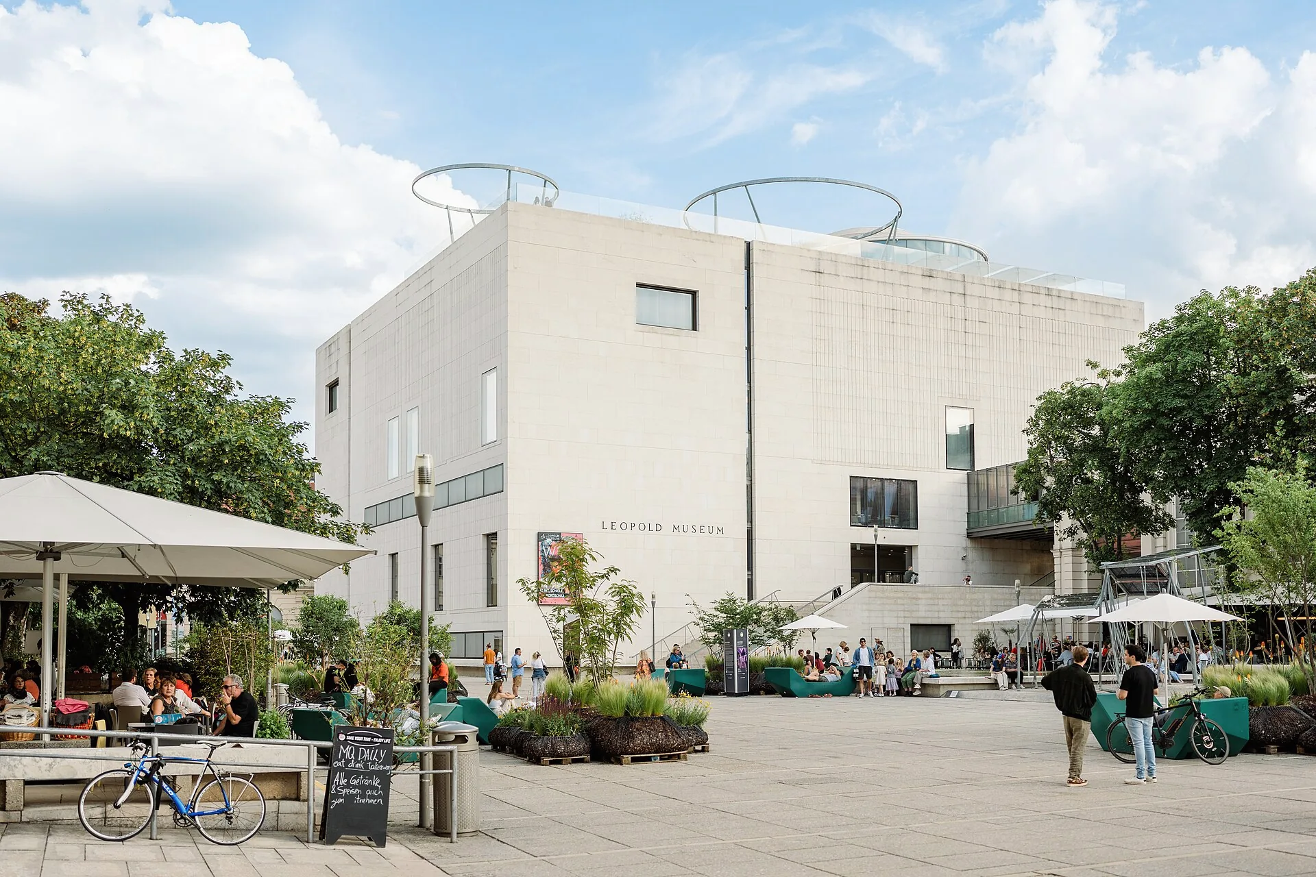 The main courtyard of MuseumsQuartier, with the Leopold Museum.