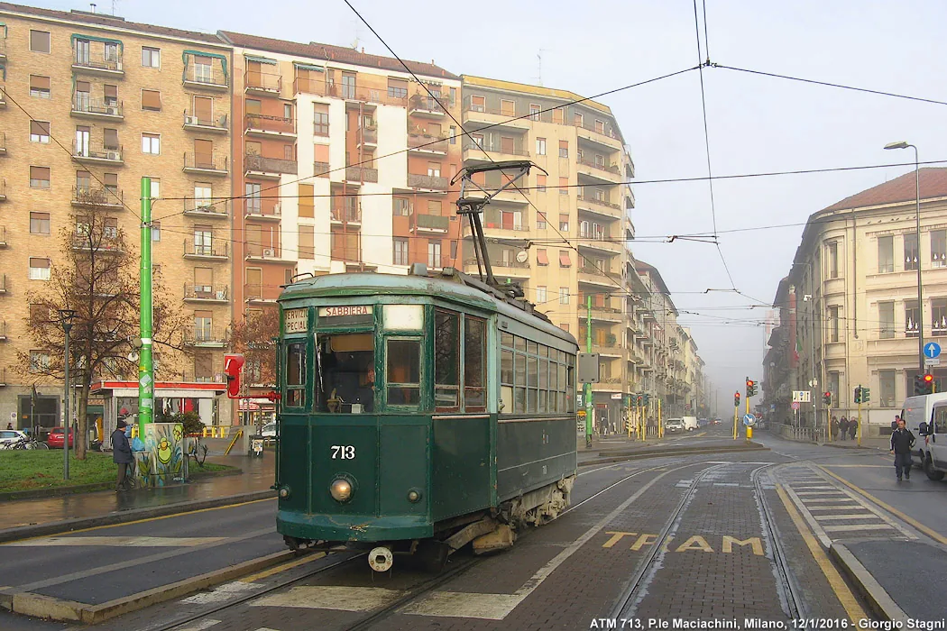 A tram crosses Piazzale Maciachini in Milan.