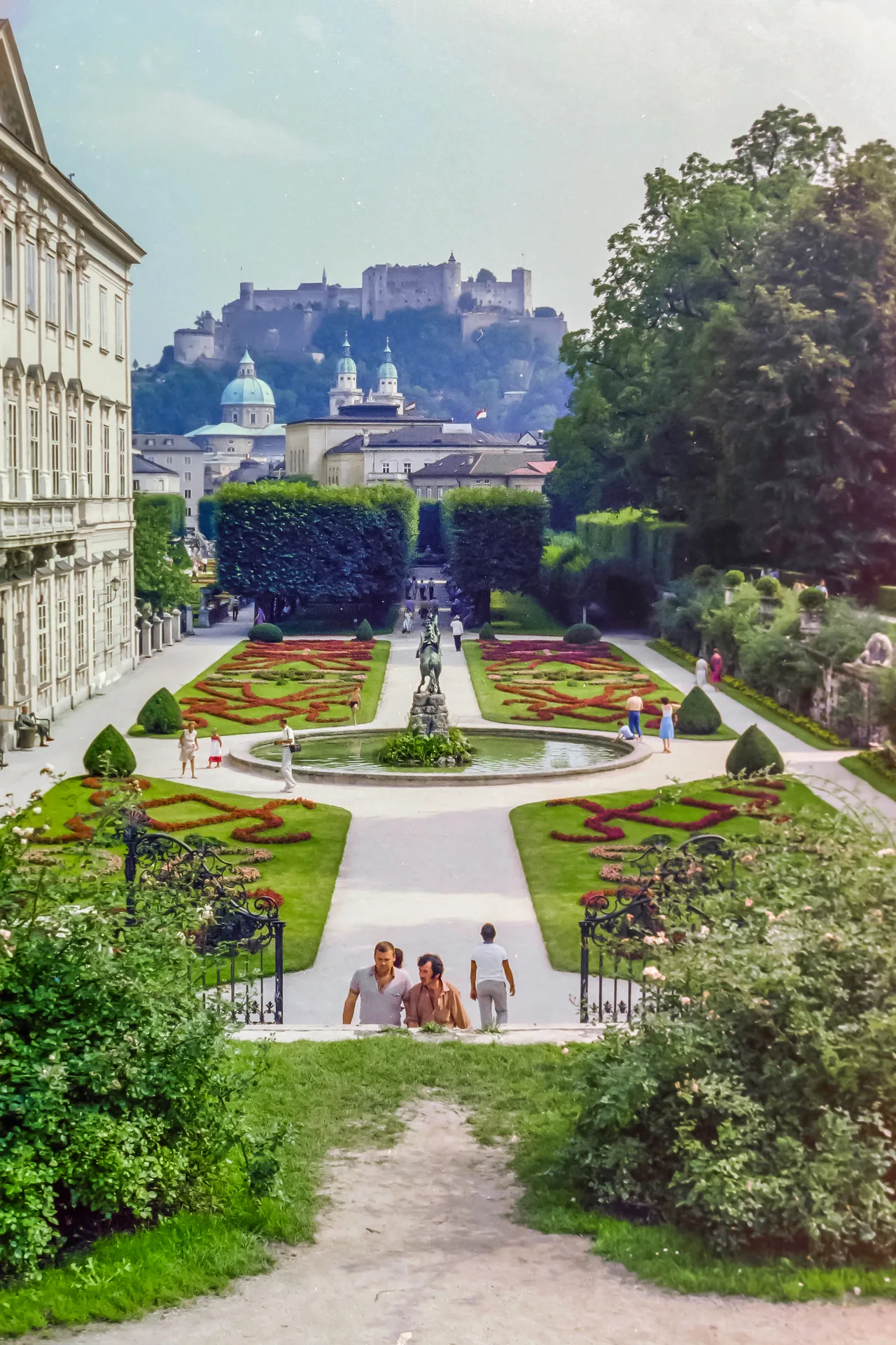 The Pegasus Fountain in Mirabell Garden, with the garden’s paths and planting around it.
