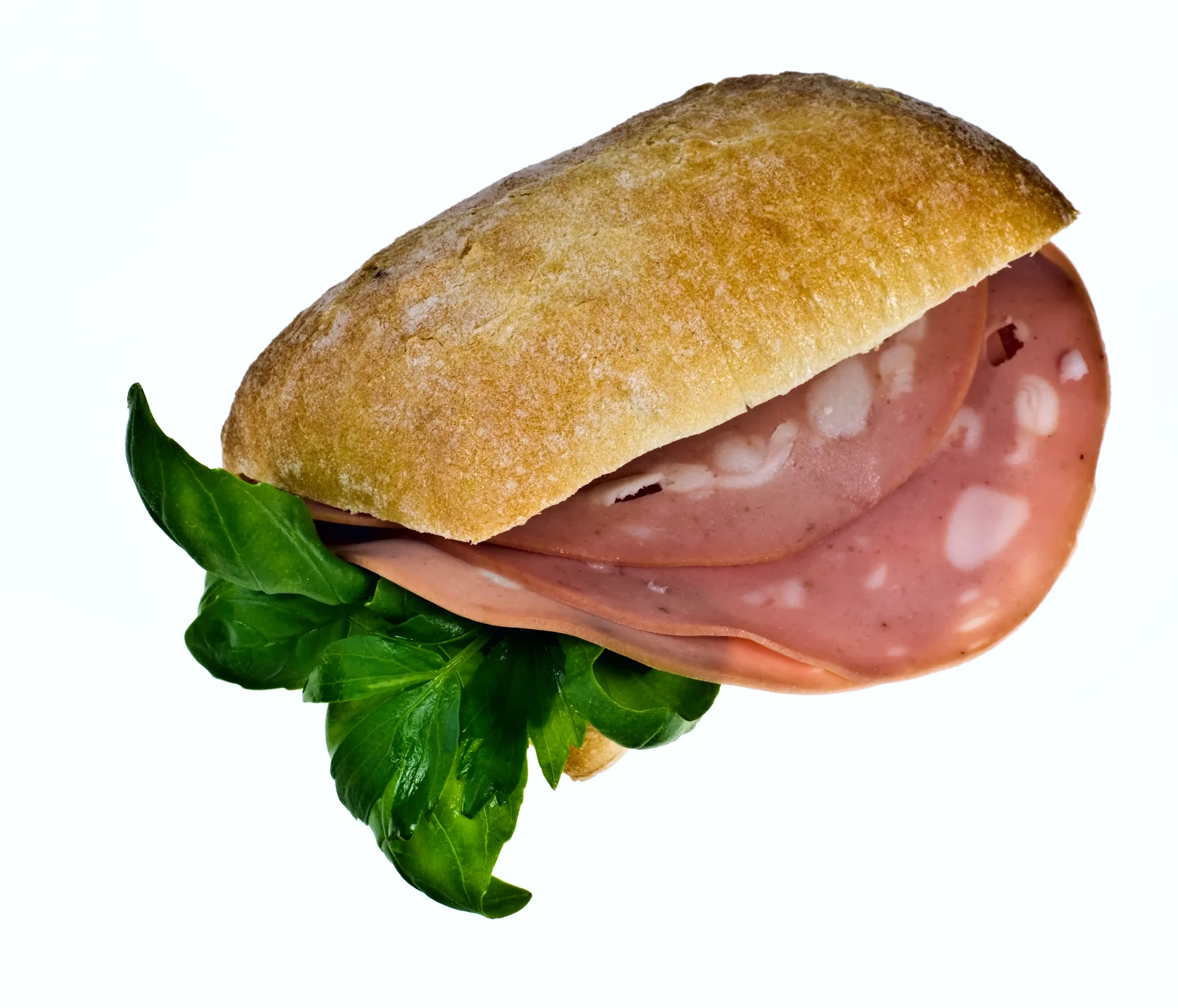 A sandwich filled with mortadella.
