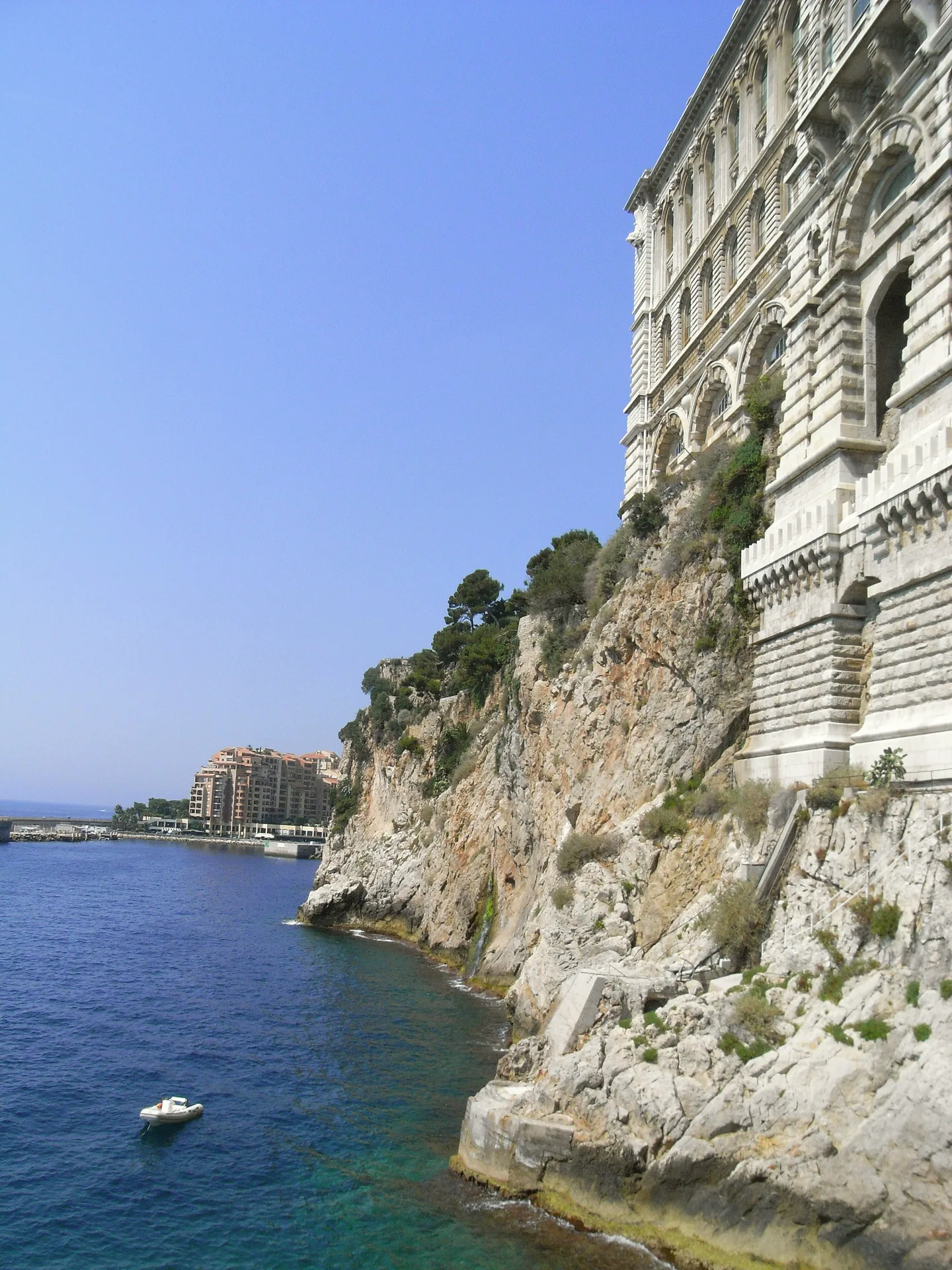 The façade of Monaco’s Oceanographic Museum above the Mediterranean coast.